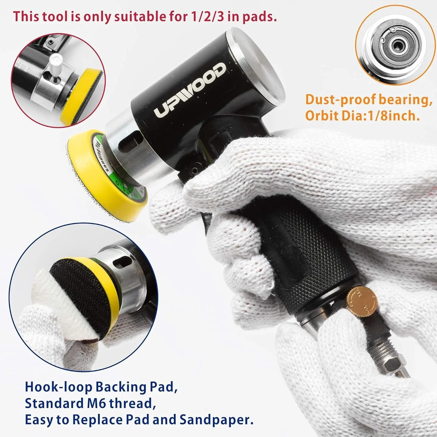 Mini levigatrice ad aria compressa con tamponi da 2 pollici e 3 pollici, mini levigatrice pneumatica da 25 mm/50 mm per la pulizia della vernice di carrozzeria con 24 pezzi di carta abrasiva