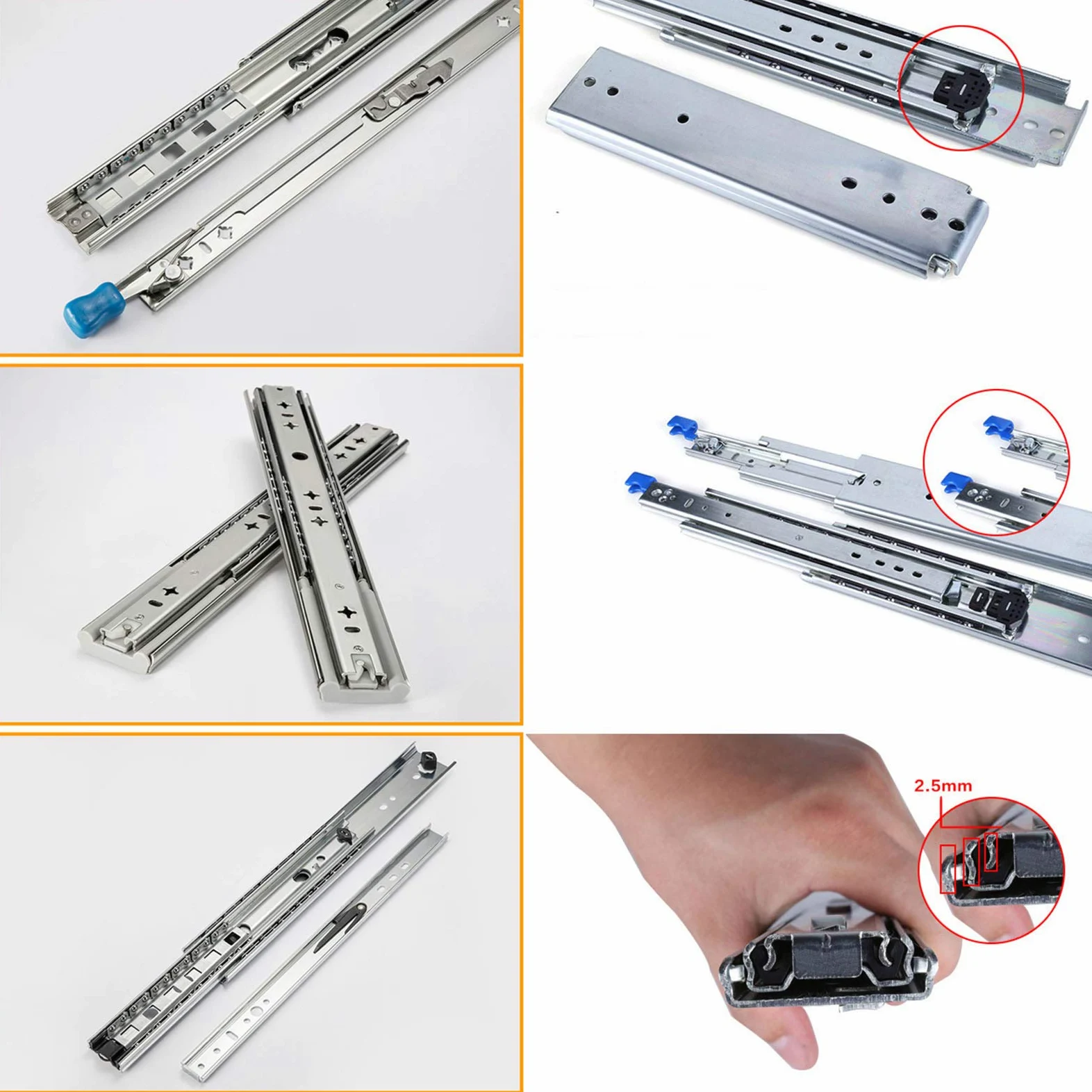 Guide per cassetti industriali Ultra Resistenti con Serratura, Estensione Completa a 3 Pieghe, Cuscinetti a Sfera, Larghezza 53 mm, Montaggio Laterale, 1 Coppia ()