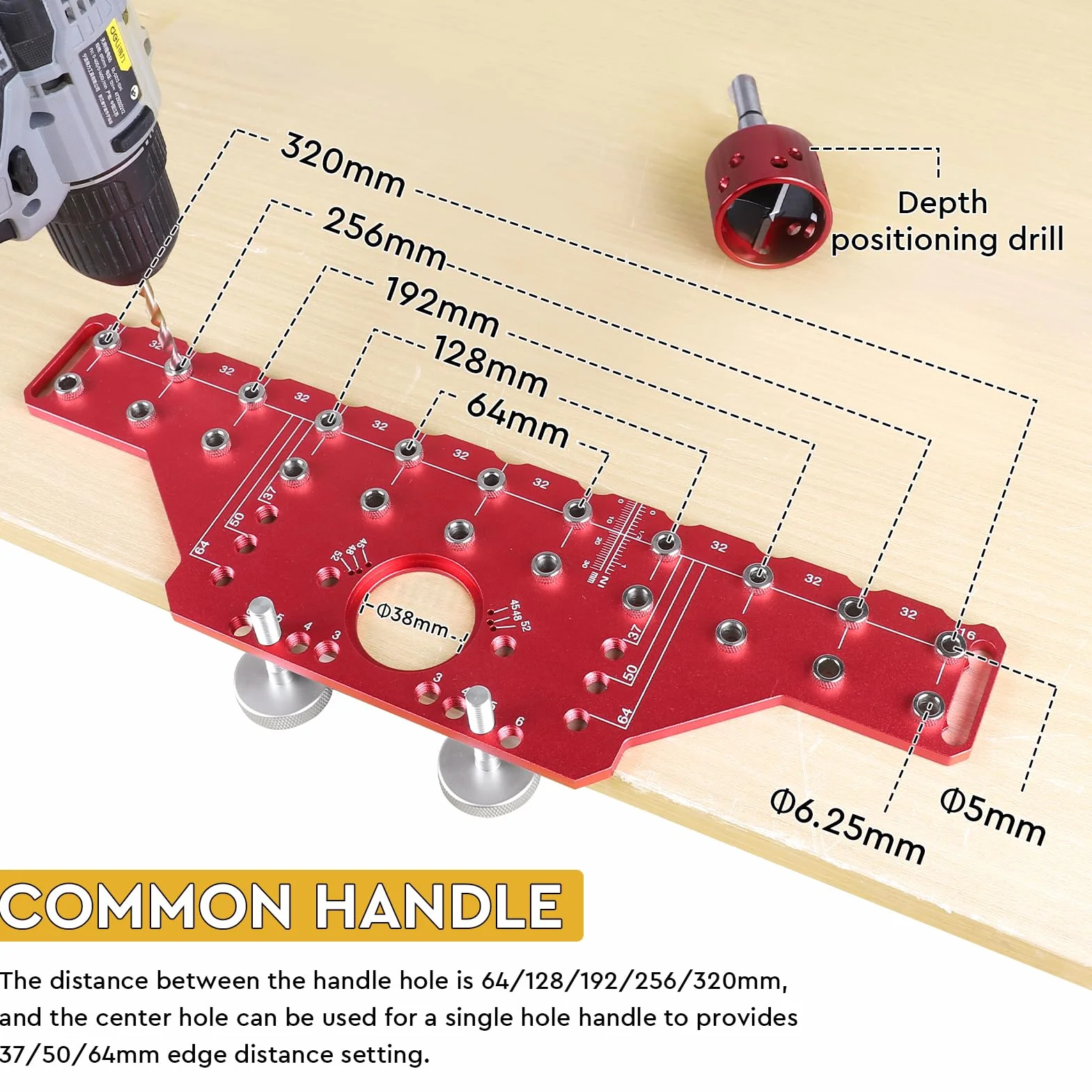 Guida di perforazione allineata 2-in-1 per spinotti e cerniere 35 mm in alluminio con punte 5mm e 1/4 pollice