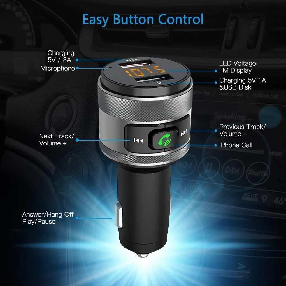 Trasmettitore FM, Vorstik Trasmettitore FM Bluetooth per Auto, Adattatore Radio Wireless QC 3.0 con Chiamata Vivavoce, Caricatore Doppio USB.