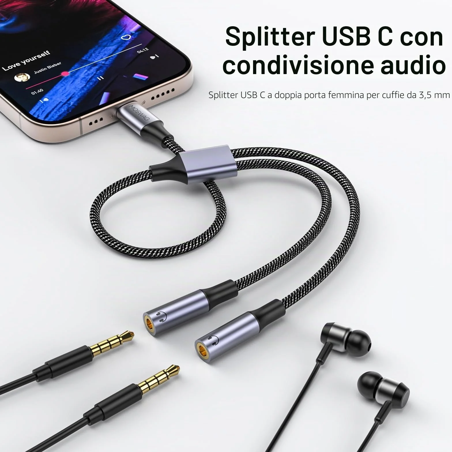 MOSWAG Adattatore USB C Jack Splitter, Adattatore Splitter Jack USB C a Doppio Ingresso da 3,5 mm compatibile con Galaxy S24 S23 S22 S21 iPhone 16 Pro Max/16 Pro/16 Plus, Pixel 7 6 Pro 5