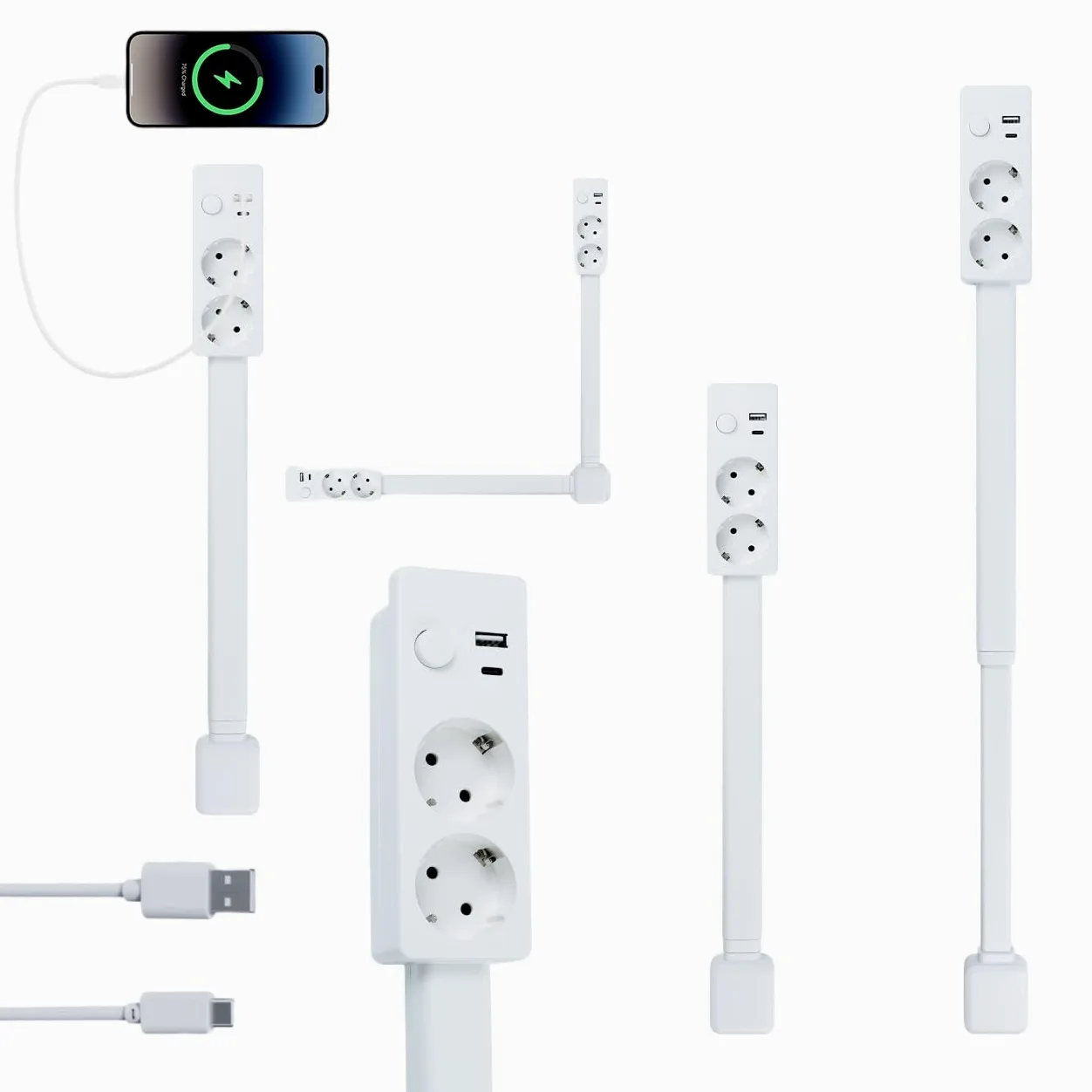 Ciabatta elettrica estensibile girevole con 2 prese UE e porte USB, 48-71 cm per spazi ristretti e dietro mobili