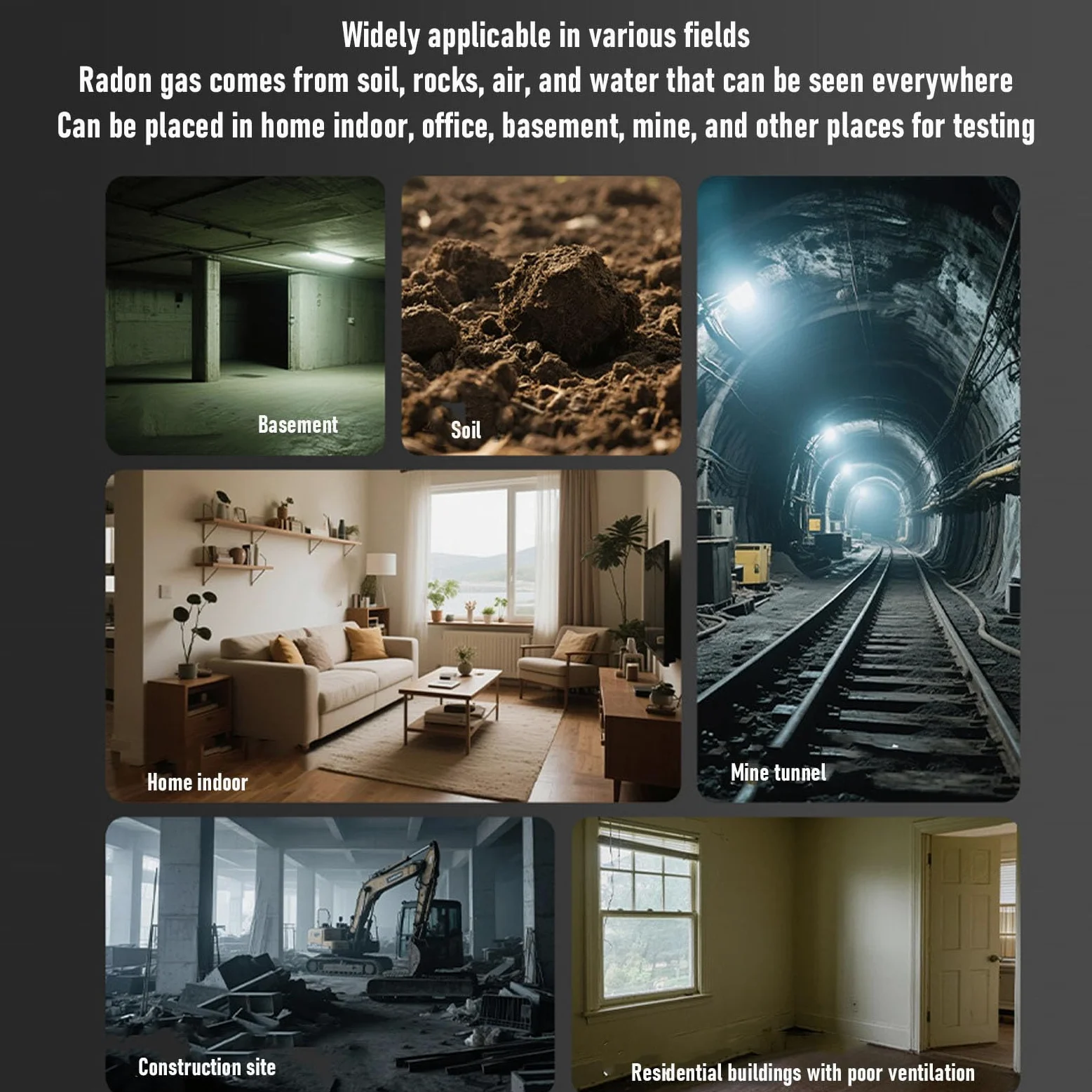 Rilevatore di Radon, Monitor di Radon con Portata 3,3-37k Bq/m, Sensore di con Batteria da 2000 MAh e Archiviazione Dati per 504 Giorni, Ideale per l'uso nel Seminterrato di Casa