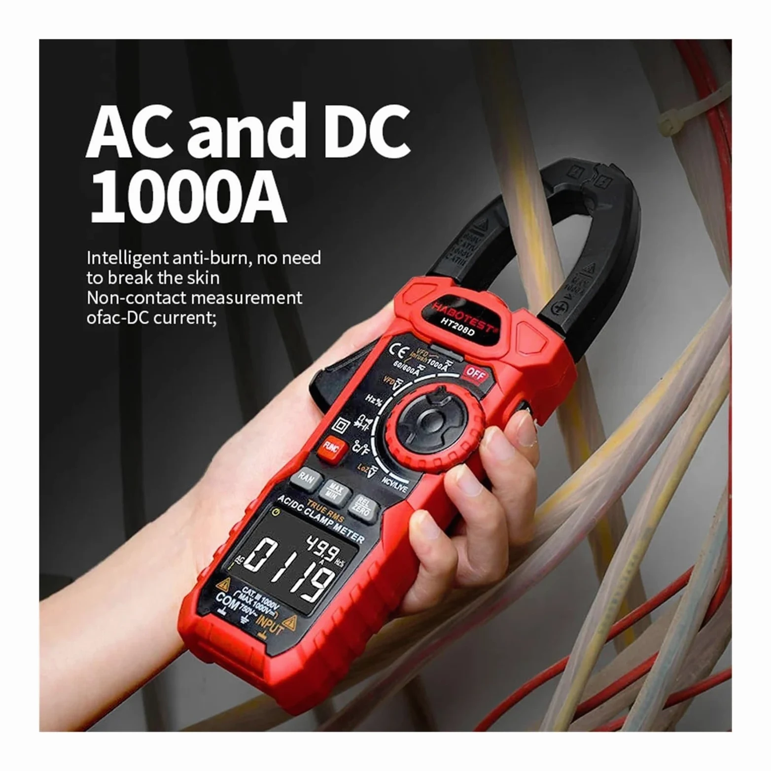 HT208 206 1000A 1000V Pinza amperometrica digitale True RMS AC DC | Misura corrente AC DC e valori elettrici senza scollegare i circuiti per manutenzione e diagnosi(HT206A 600A Basic)