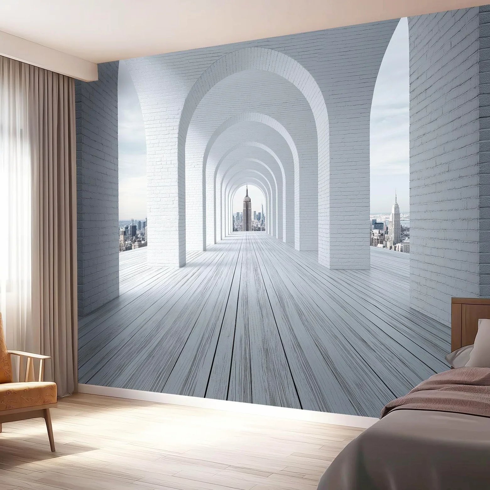 Carta da parati fotografica 3D, moderna e industriale, con tunnel e arco di mattoni, grattacieli, decorazione da parete, 350 x 256 cm, in tessuto non tessuto, XXL, per soggiorno, camera da letto