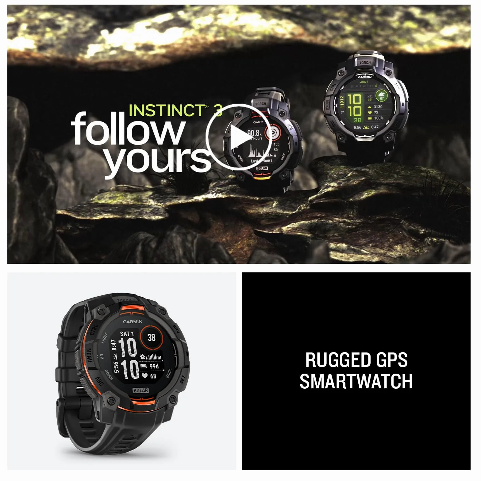 Garmin Instinct 3, Smartwatch, 45mm, Display SOLAR, Lunetta in alluminio, GPS Multi-band, 10ATM, Torcia LED, 90+ App per lo Sport, Pay, Connect IQ, Autonomia 28 giorni, Black Bezel