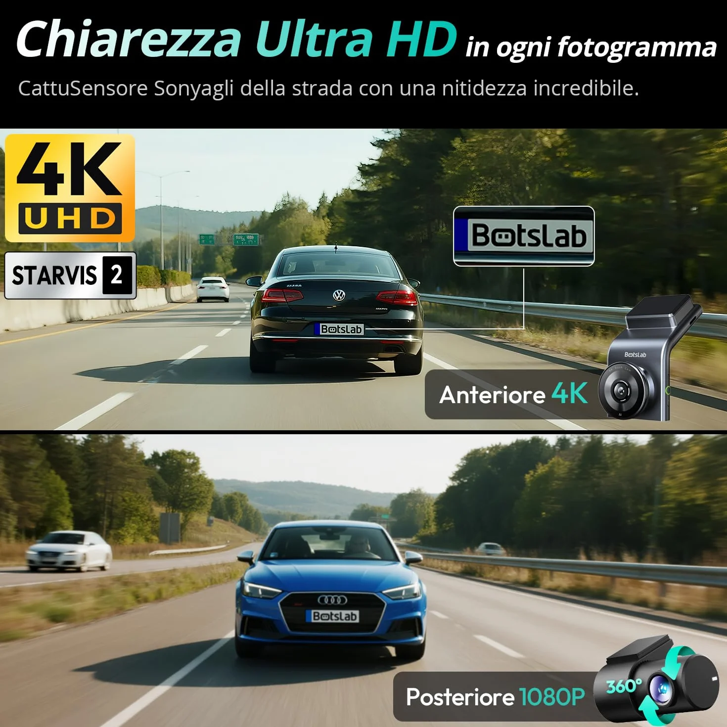 BOTSLAB Dash Cam 4K+1080PFronte Retro Dashcam con Scheda SD 64GB, Dashcam STARVIS 2,WiFi 5G,GPS,WDR Grandangolare a 170, Visione Notturna, WDR,Sensore G, Modalità Parcheggio 24H, Registrazione in Loop