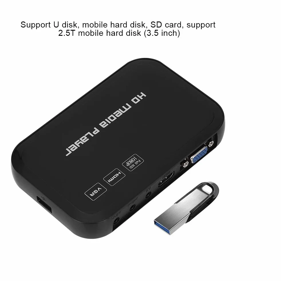 Mini Full HD 1080P Multi Media Player Uscita HDMI/AV, Lettore video audio HD con telecomando e cavo AV, Supporta MMC/SD/MS/SDHC(EU)