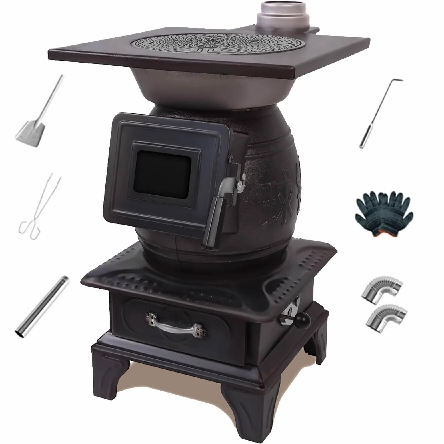 Stufa A Legna Braciere Da Esterno Stufa A Pellet Piccola Rivestimento Interno in Ghisa Include Spatola, Pinza, Gancio E Canna Fumaria Da 100 Cm Fornello Multiuso