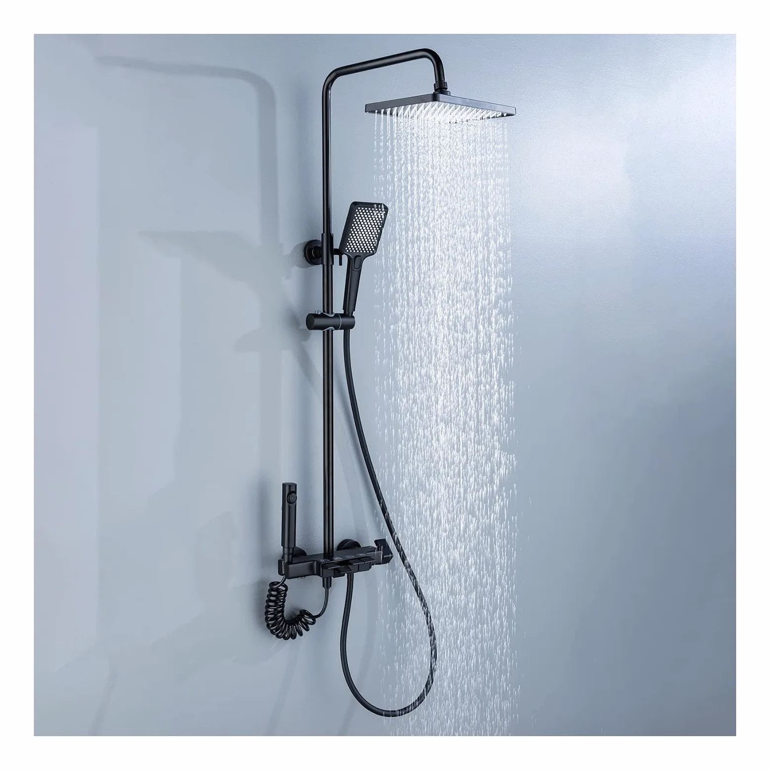 Sistema Doccia a Pioggia con soffione, Set Rubinetto a Parete, Miscelatore in Ottone, beccuccio per Vasca, doccetta a 3 modalità, spruzzatore per Bidet, Grigio (Nero)