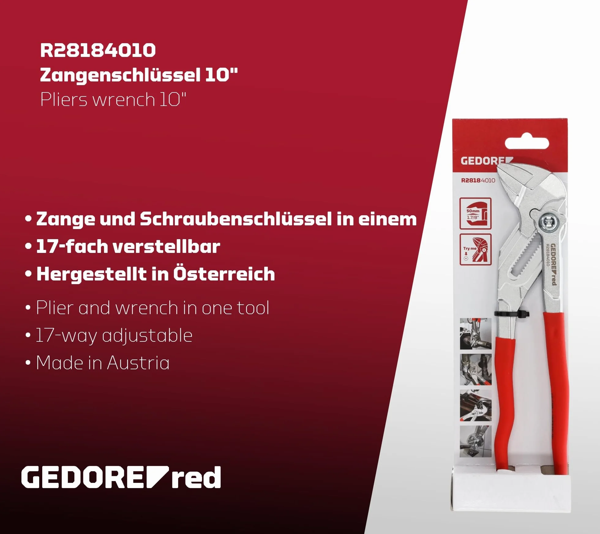 GEDORE Red Pinza Chiave Regolabile Apertura 50 mm Liscia Senza Dentatura 17 Posizioni