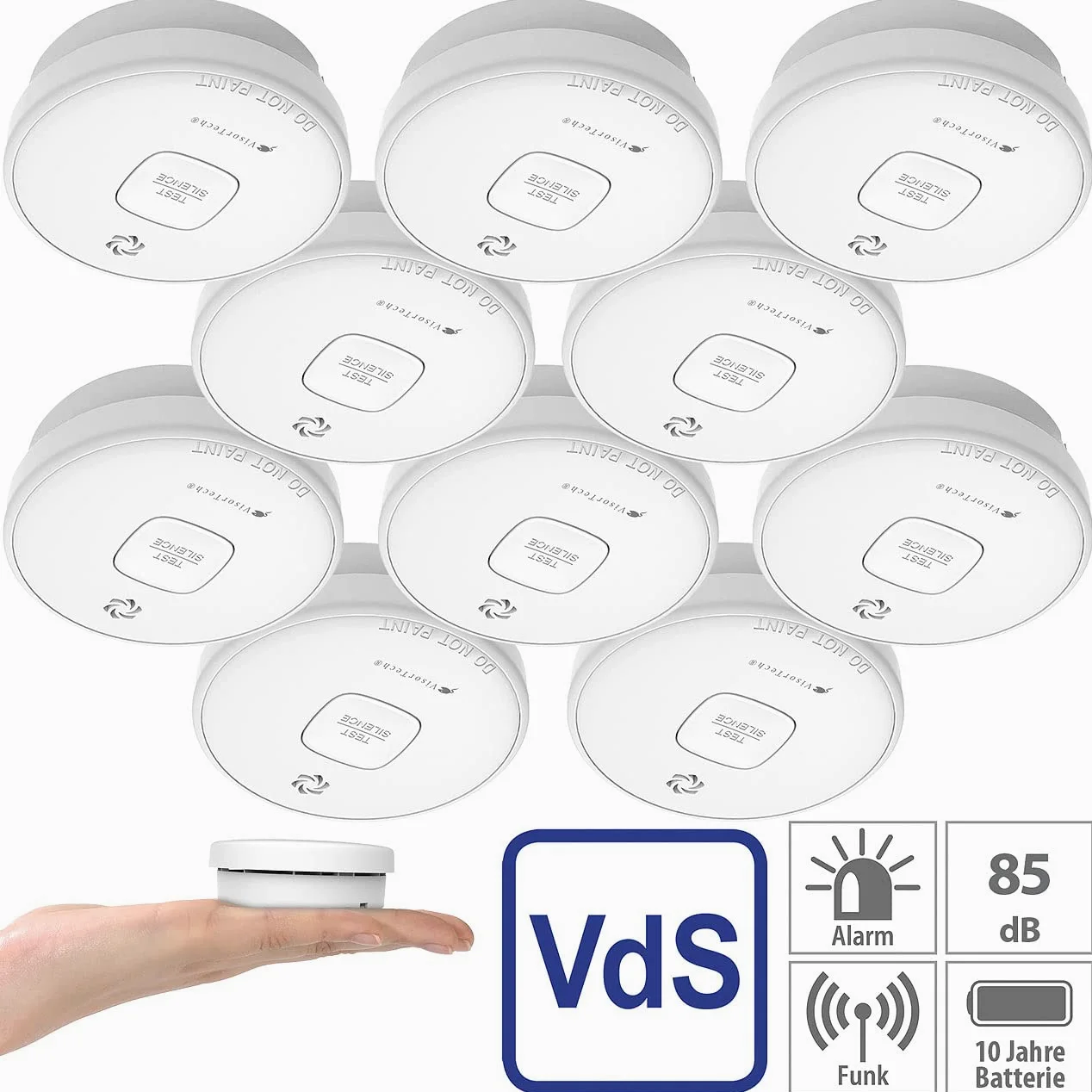 VisorTech Set da 10 rilevatori di fumo fotoelettrici RWM-390 con batteria al litio 10 anni, 85 dB, certificati VdS