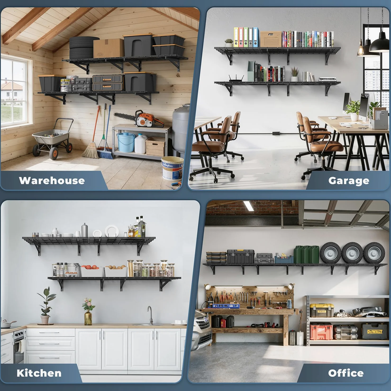 Jusgym Set di 4 mensole da parete resistenti per garage (0,6 x 0,9 m), mensole da parete per garage, capacità 453,6 kg, 61 x 182,9 cm, mensole galleggianti, colore nero