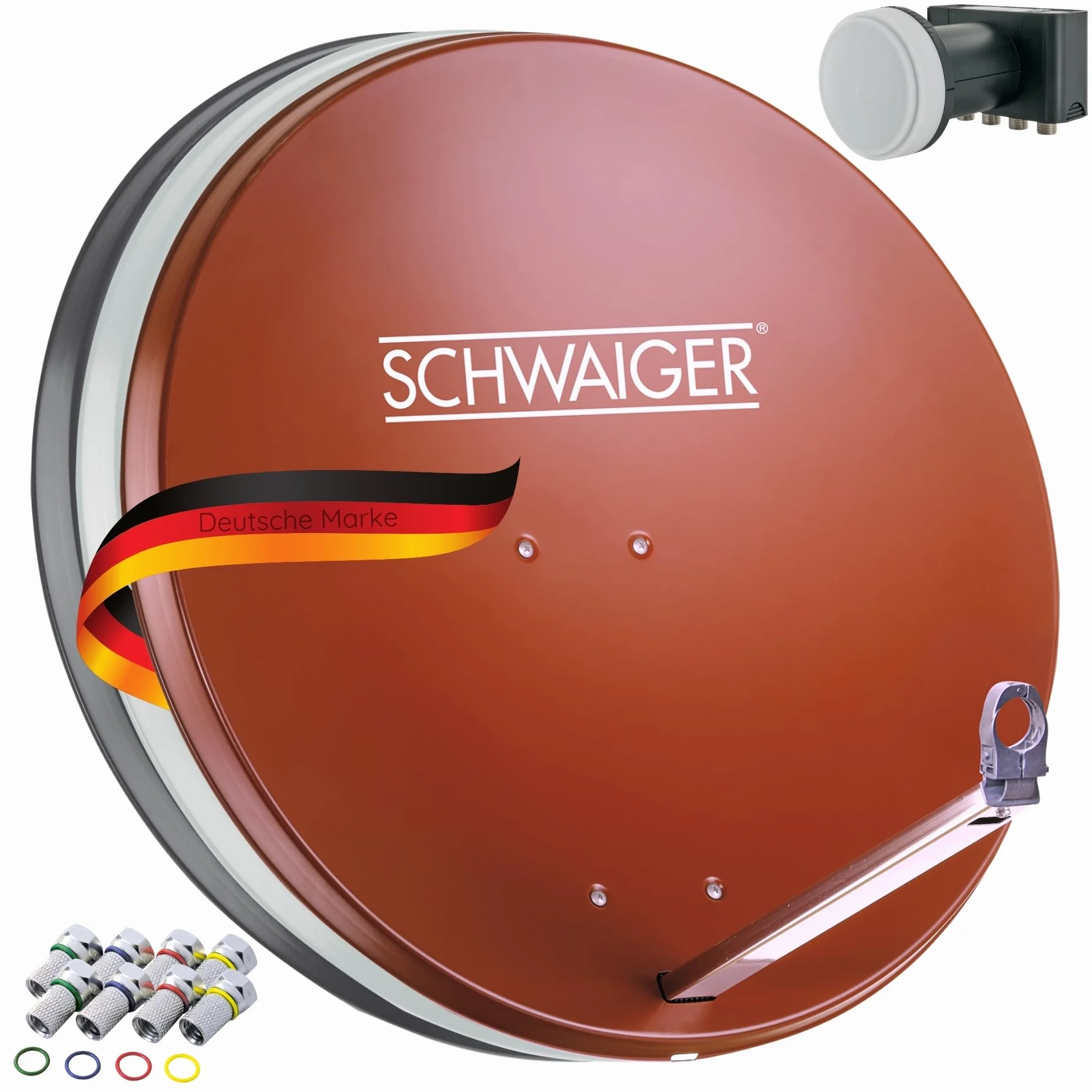 SCHWAIGER 555 Sistema SAT Set satellitare Parabola Quad LNB digitale 8x F-plug 7mm Antenna SAT in alluminio Set completo Mattone rosso 74,5 x 84,5 cm