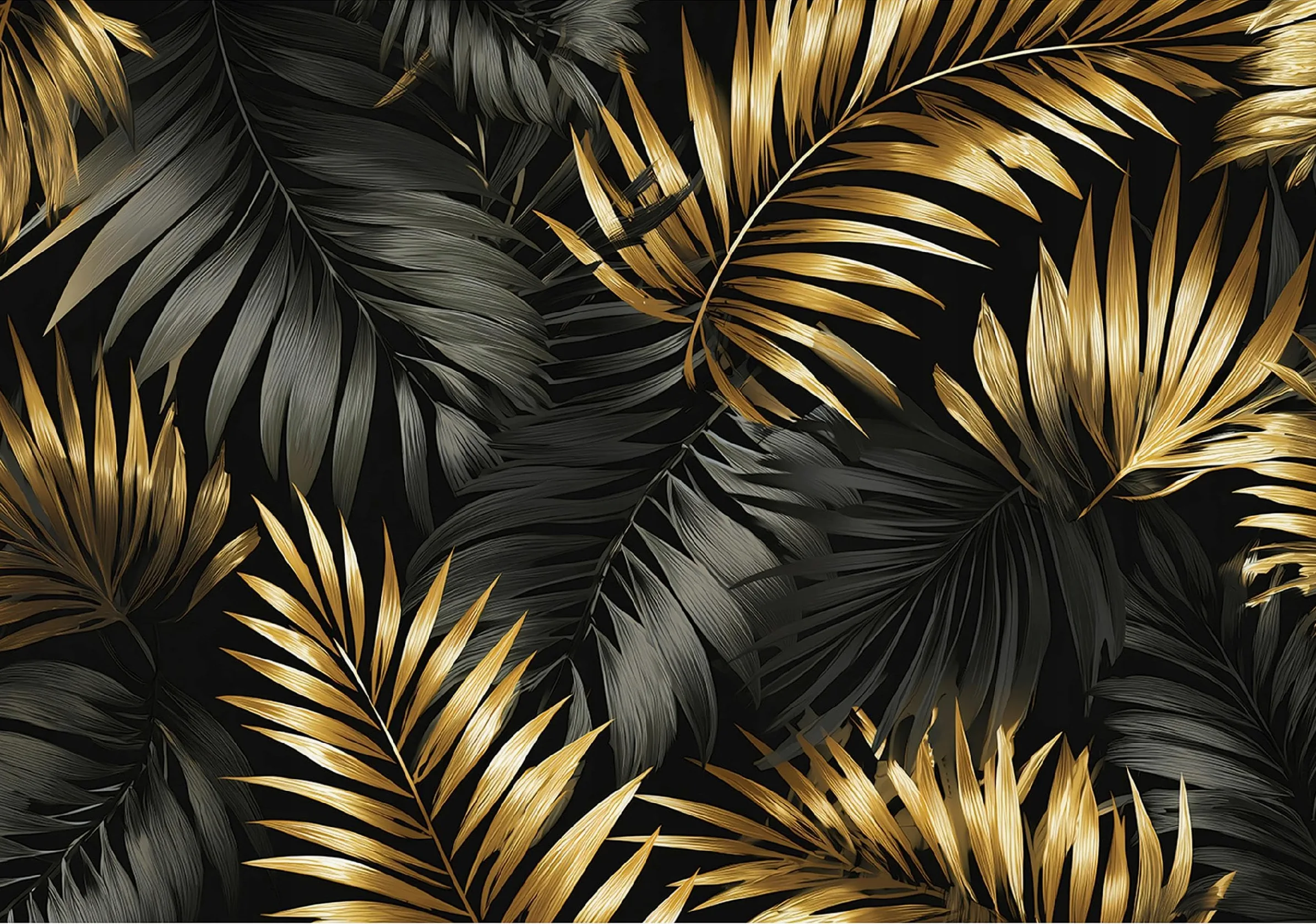 WallArena - Carta da parati fotografica - foglie 300x210 cm - Murale fotografico - Per soggiorno e camera da letto - Effetto 3D - con Colla - natura tropicale oro nero
