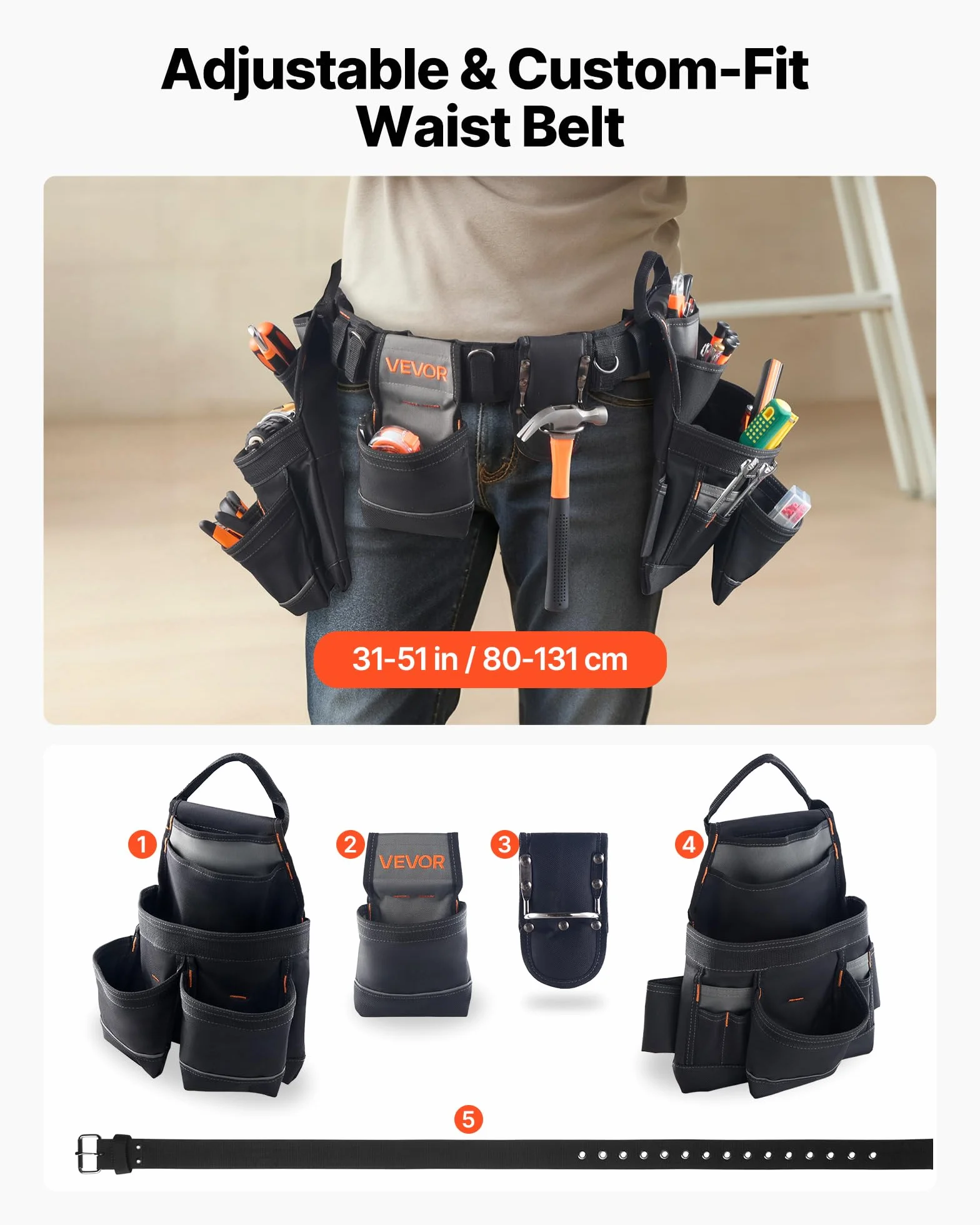 VEVOR Marsupio Porta Attrezzi Elettricista 18 Tasche Borsa Lavoro Staccabile Vita Regolabile 80-131 cm