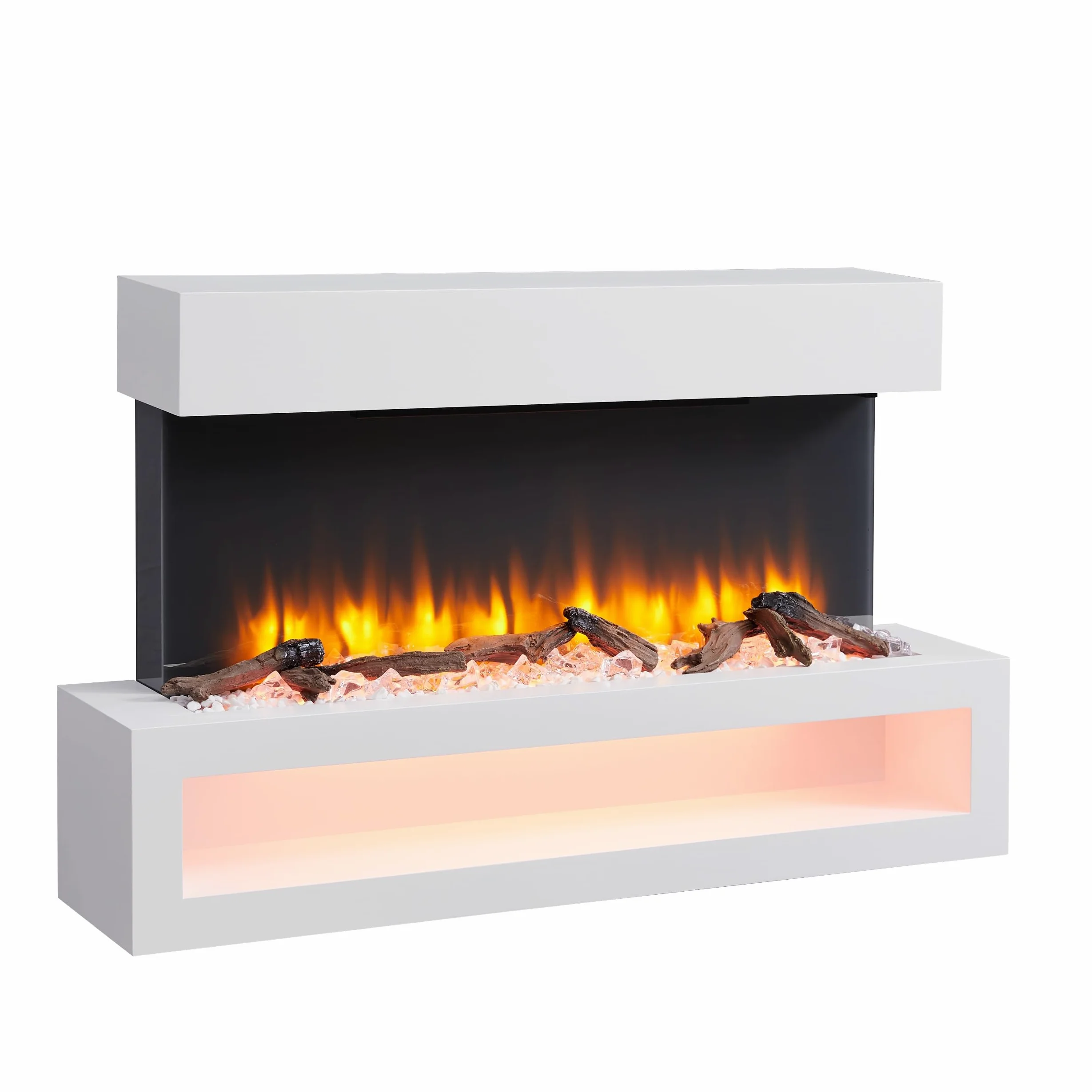 BALDERIA camino elettrico Nikos | Caminetto elettrico a muro effetto fiamma 3D | Riscaldamento elettrico 2000 W, luce LED | Focolare sospeso a parete con telecomando, timer, termostato | Bianco