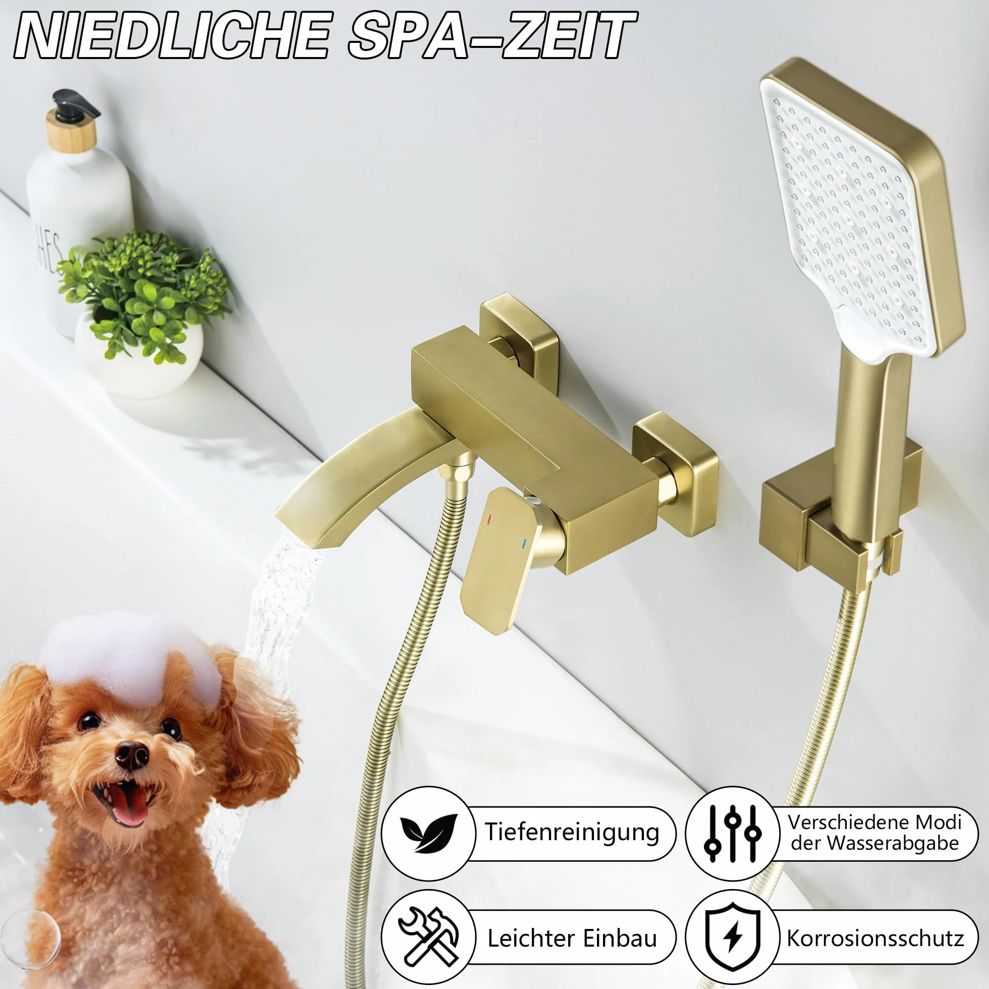 Rubinetto per vasca da bagno oro spazzolato con doccetta grande e beccuccio girevole 90° 3 funzioni