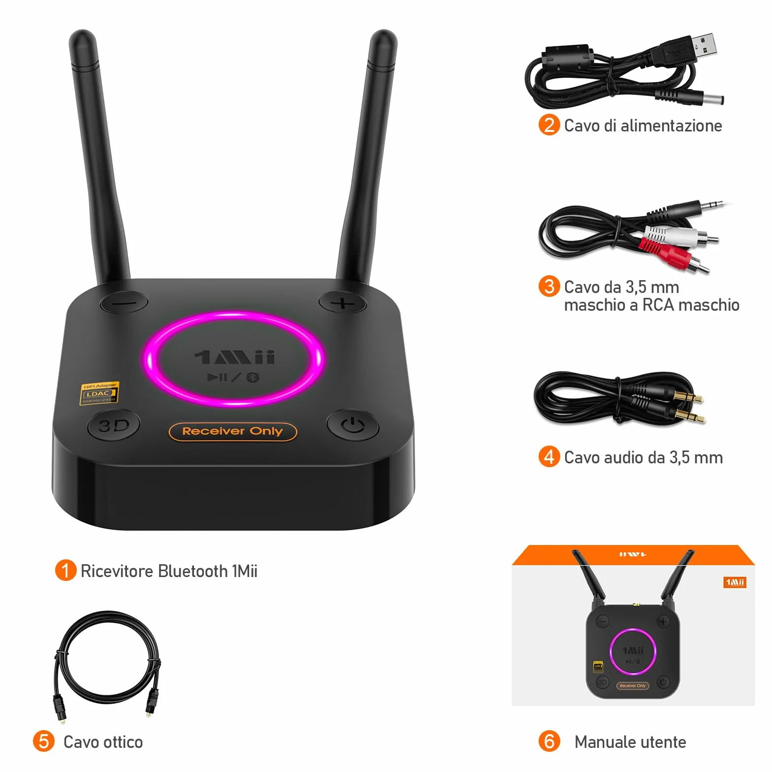 1Mii B06Ultra Ricevitore Bluetooth 5.3 HiFi con Hi-Res LDAC, Adattatore Audio Bluetooth Wireless con DAC Audiofilo, 3D Surround aptX HD/Bassa Latenza, Uscita Ottica/Coassiale/AUX 3.5mm per Stereo