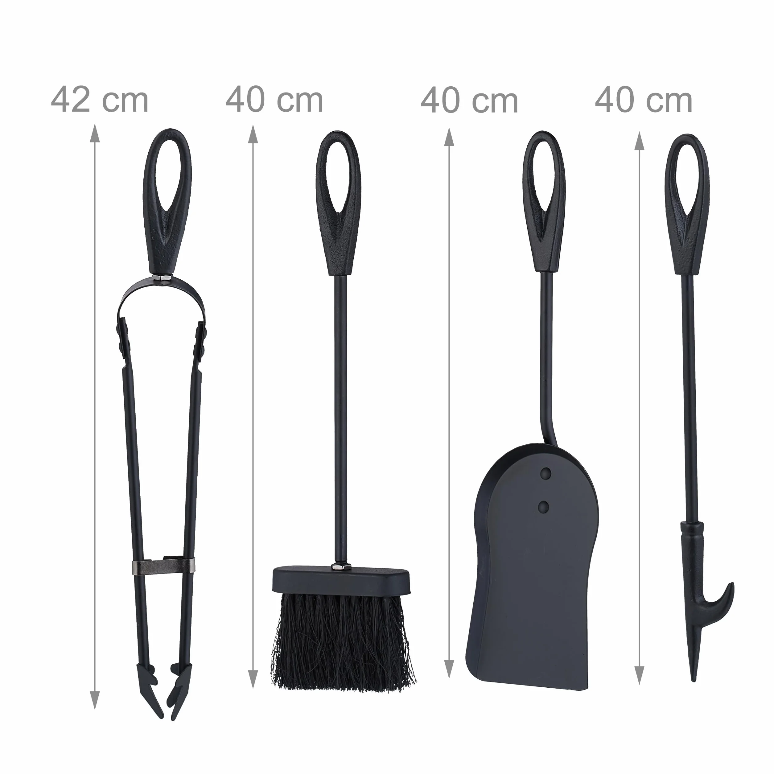 Relaxdays Set 5 Attrezzi da Camino o Stufa, Attizzatoio, Pala, Scopino, Pinza e Supporto Utensili Caminetto, Ferro, Nero