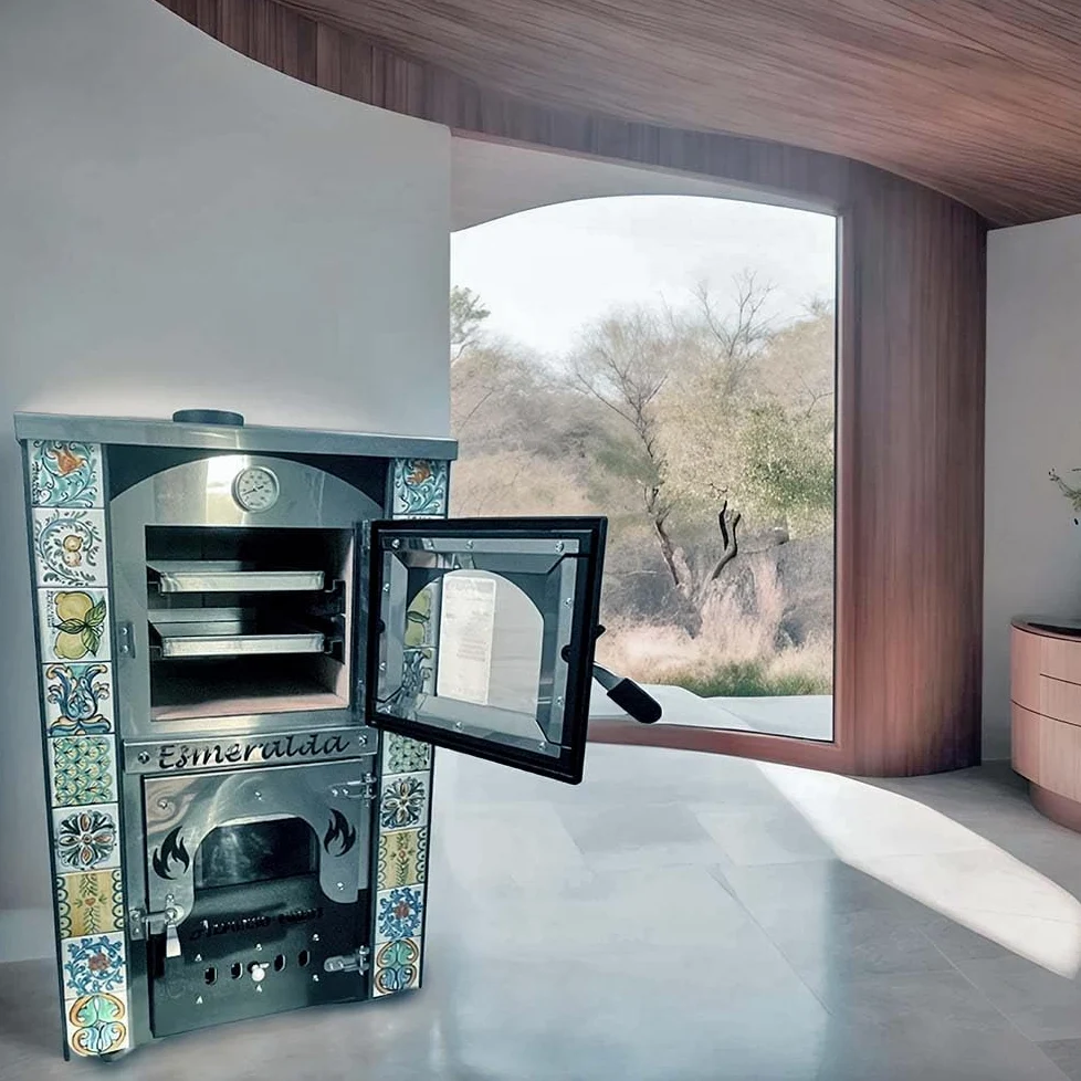 Stufa a Legna Con Forno - Esmeralda con Maioliche di Caltagirone - Potenza Riscaldamento 15 Kw, Stufa A Legna Economica In Acciaio Verniciato Antracite, Con Forno In Mattoni Refrattari, Made In Italy