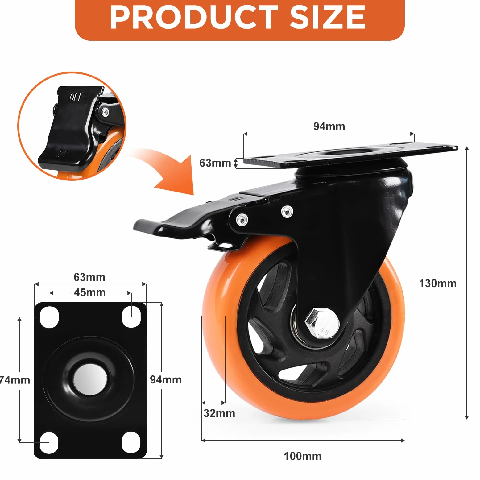 Ruote per carrelli, per carichi Pesanti 100mm Ruote Set di 6, di bloccaggio Ruote girevoli Ruote per Carrello, Mobili e Banco da Lavoro, Arancione