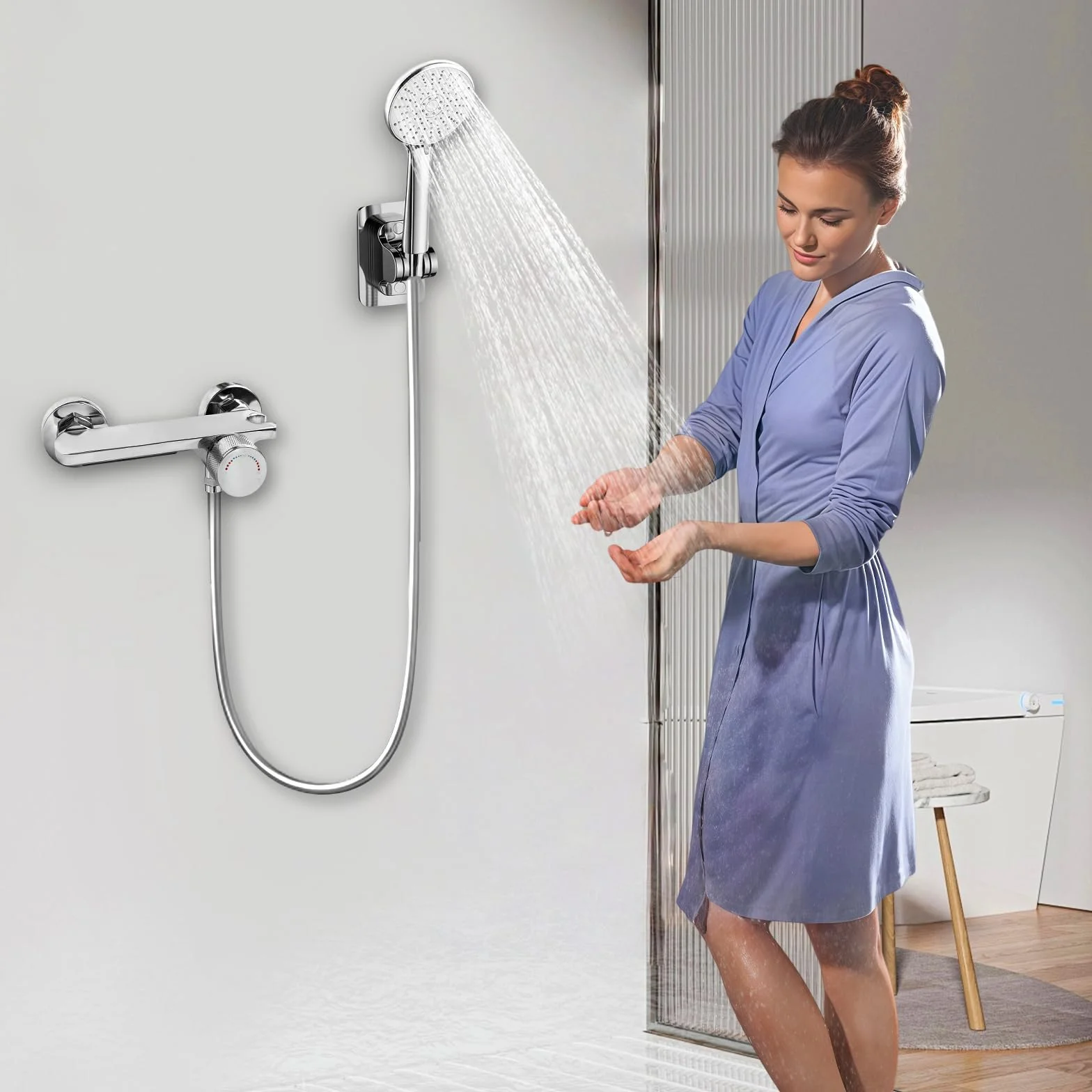 Rubinetto Vasca da Bagno a Parete, Miscelatore Cascata con Doccetta, Tubo 1,5m Antigroviglio, Ottone Massello, Cromato Argento