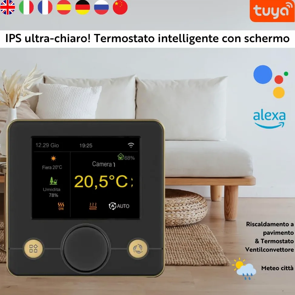 Termostato Temperatura Smart System Wifi. Sensore Temperatura - App Tuya e Smart Life, Termostato Ventilconvettore Programmazione - Schermo LCD IPS TFT, Alexa, 7 Lingue