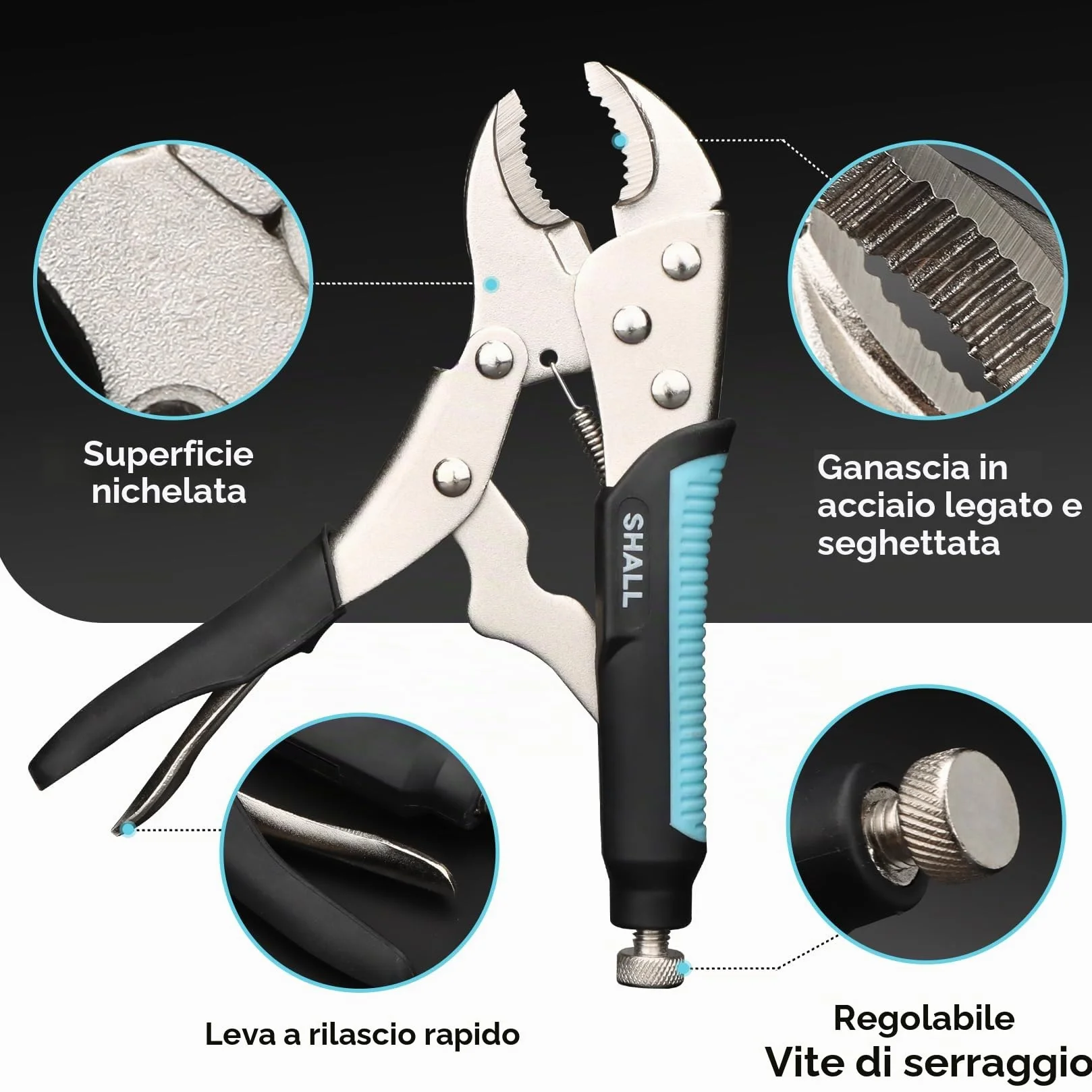 Shall Set di 6 pinze di bloccaggio – mascella curva da 12,7 cm, 17,8 cm e 25,4 cm, naso lungo 15,2 cm e morsetto a C da 15,2 cm, manico in TPR bicolore, custodia arrotolabile inclusa