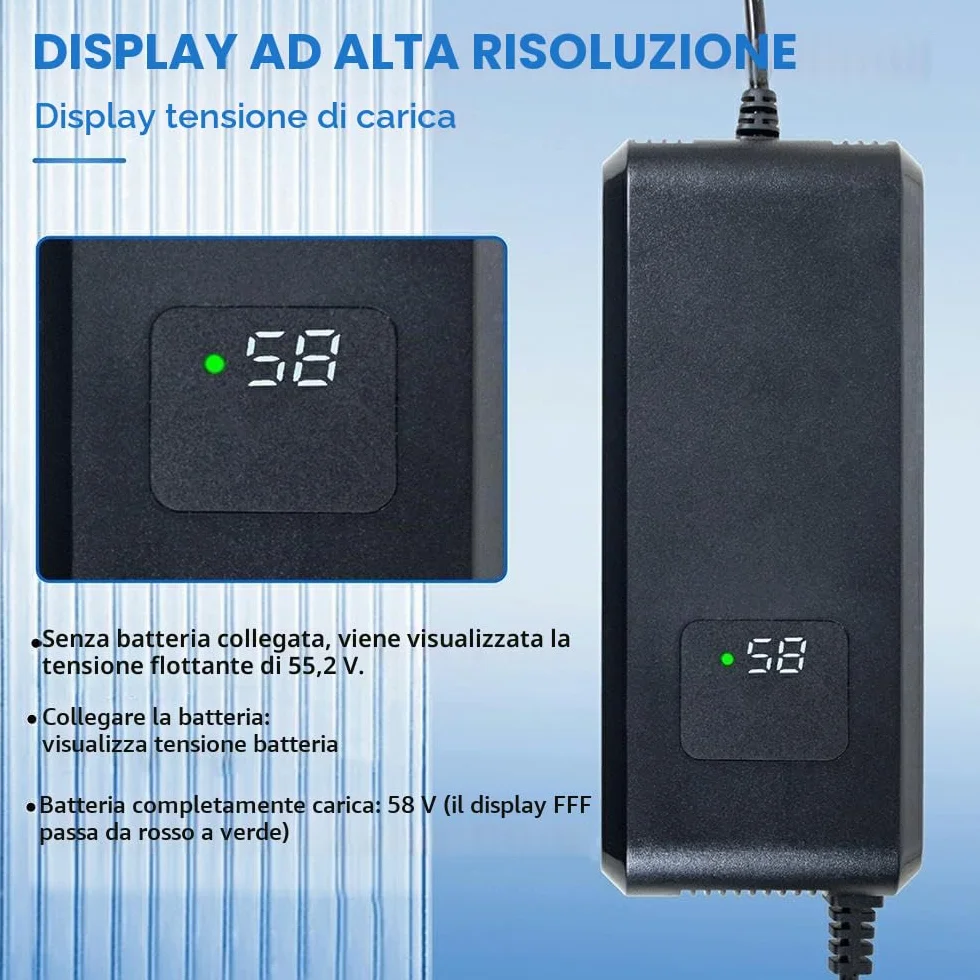 Caricatore per batteria al piombo-acido 48V 20Ah per veicoli elettrici, scooter elettrici, e-bike, caricabatterie AC-DC con display, connettore a 3 poli