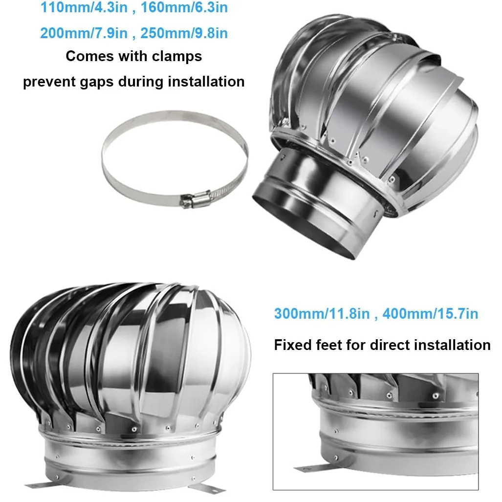 Comignolo Canna Fumaria Camino Cappello Testa, Cappello Eolico per Camini, Fumaiolo Tondo Rotondo in Acciaio Inox, Consumo Zero Attraverso Il Ventos/Flusso d'Aria, 110mm - 400mm (Misurare : 400mm/15.