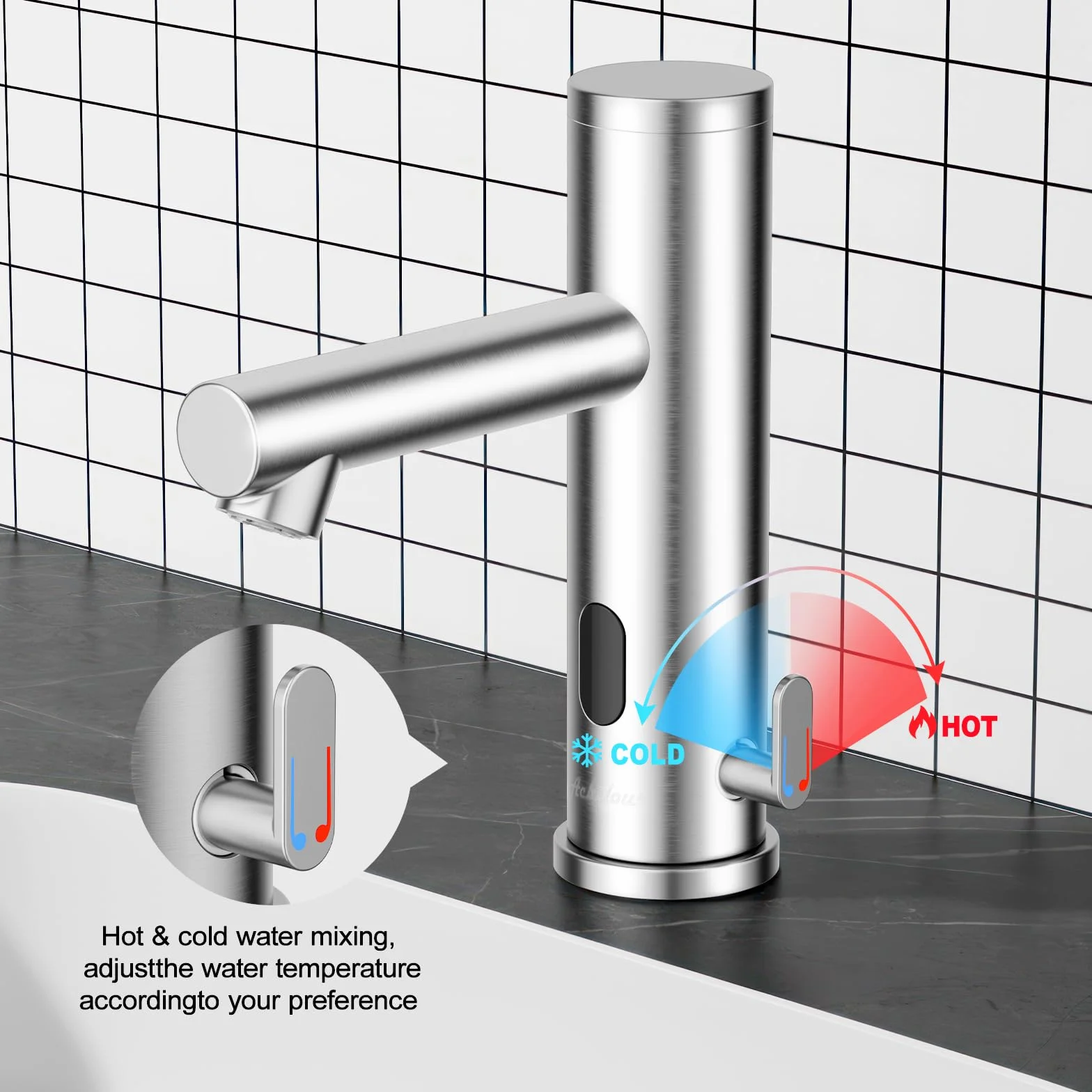Achelous Rubinetto lavabo automatico Touchless in acciaio inossidabile con sensore a infrarossi e controllo temperatura