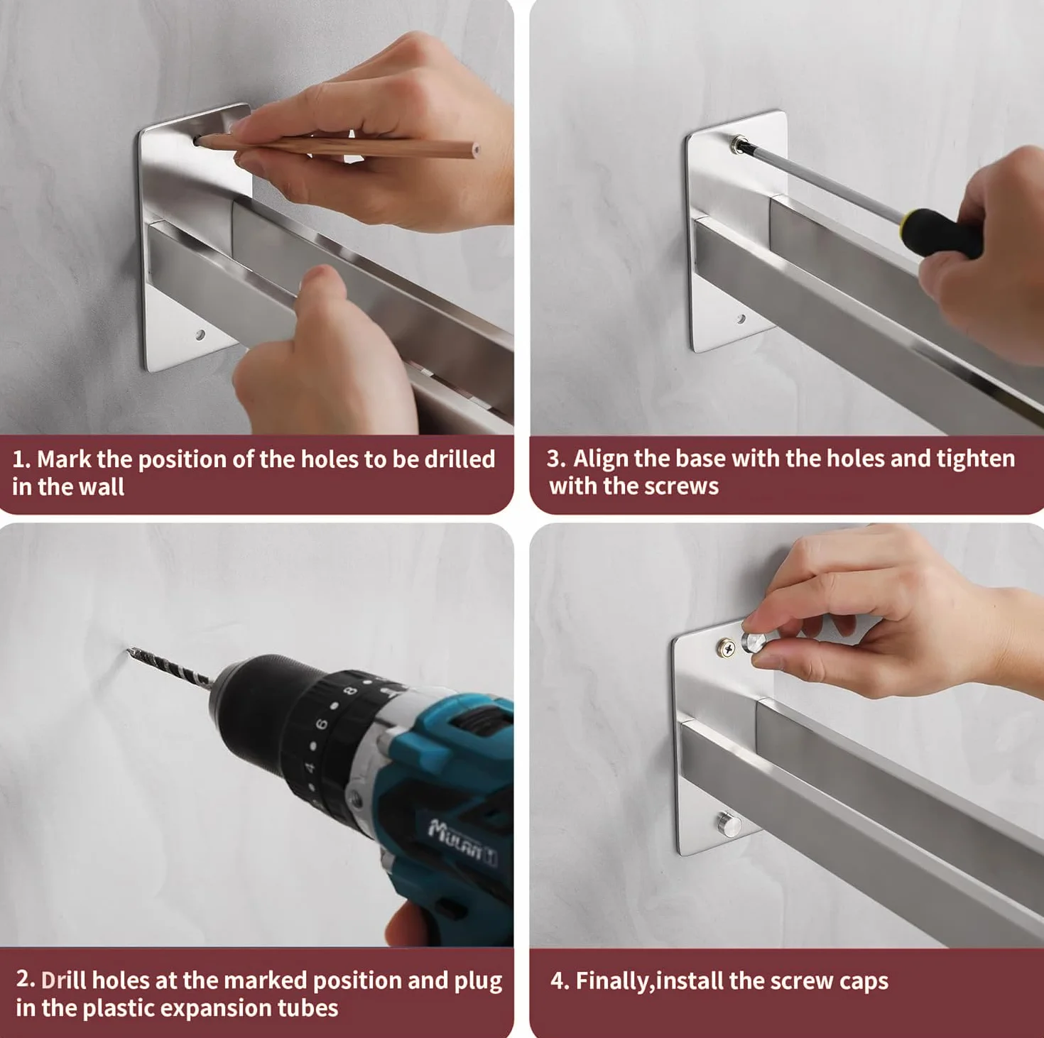 Porta Asciugamani Bagno SUS304 40cm Parete Adesivo Perforato Due Metodi Installazione