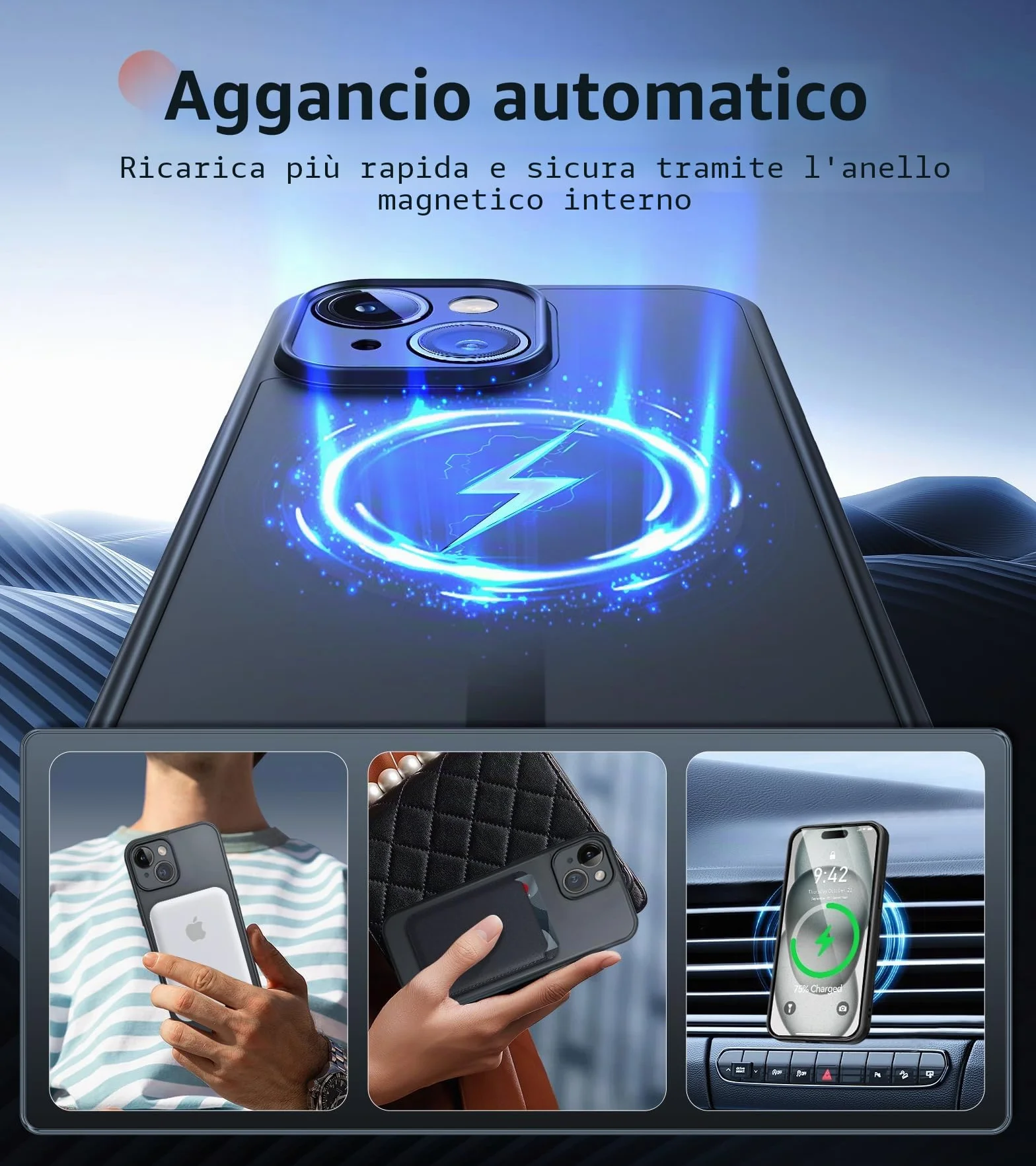 FLLAO Cover Magnetica per iPhone 15 Custodia e 2 Pellicole in Vetro Temperato, Cover iPhone 15 Compatibile con Magsafe, Custodia Traslucida Opaca Posteriore Sottile Antiurto Protettiva Case, Nero