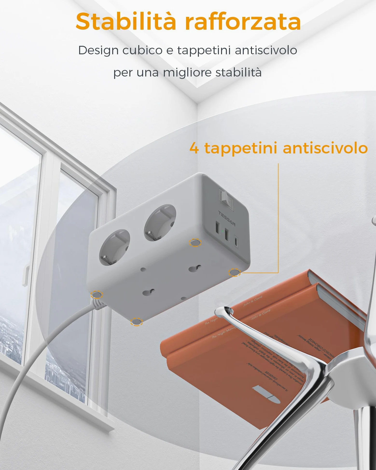 TESSAN Ciabatta Multipresa con USB C e 6 Prese, 9 in 1 Ciabatta Elettrica con Interruttore, 3600W Presa Multipla Cavo 2M, Multipresa da Scrivania per Casa e Ufficio