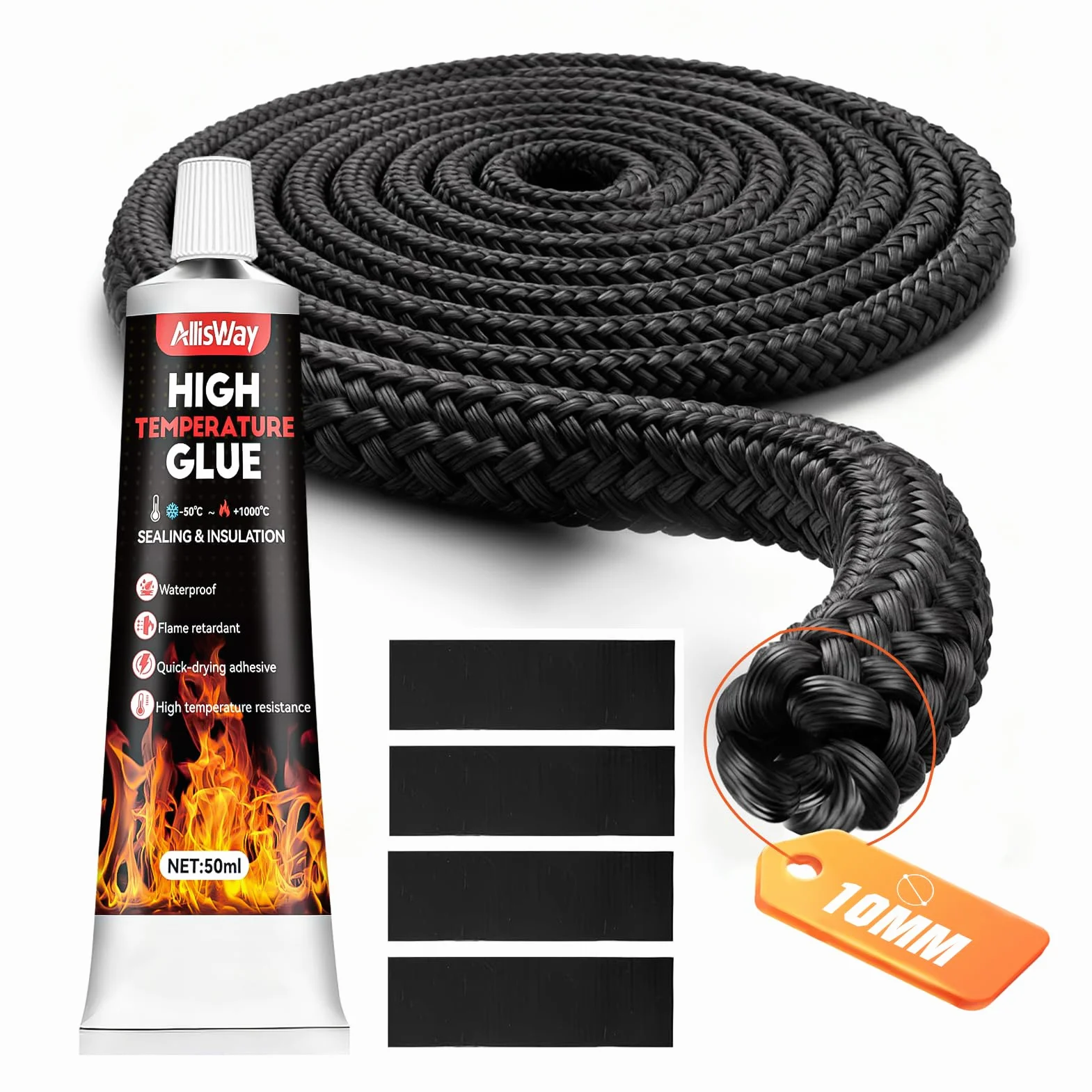 Cavo di Tenuta per Stufa 2,5m Guarnizione Forni Stufa a Pellet 10mm Silicone Alta Temperatura