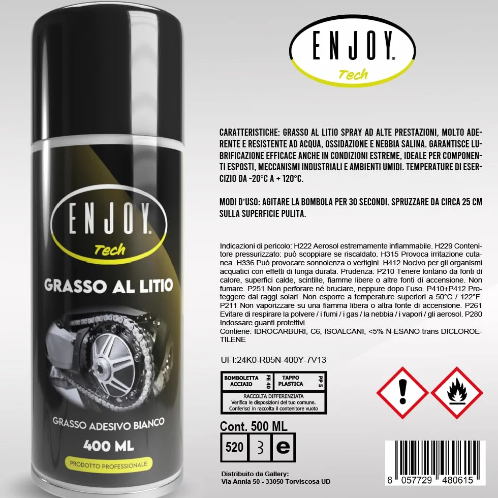 Grasso al Litio Spray 400ml Lubrificante Professionale Made in Italy Idrorepellente Anti-Ossidazione