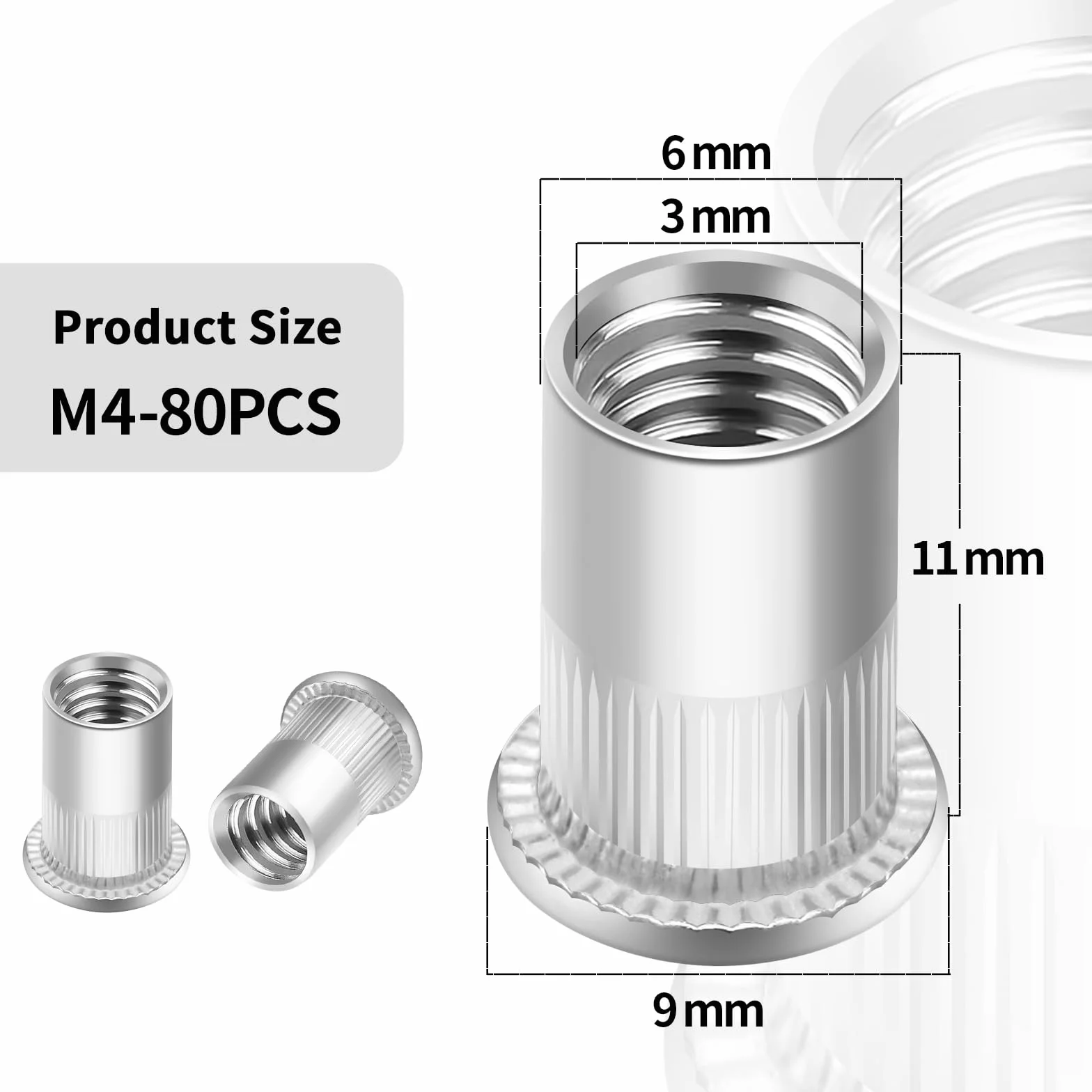 Dadi per Rivetti Filettati M4 Acciaio Inox 80 Pezzi Testa Piatta Rivet Nutsert