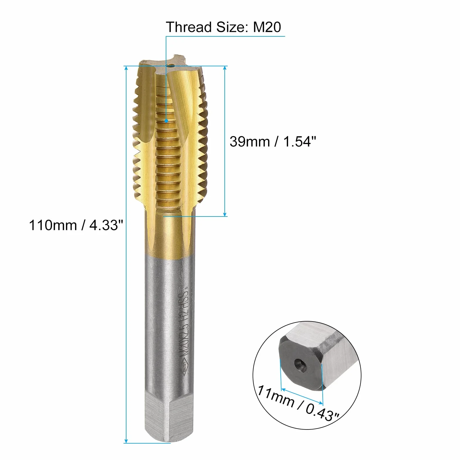 QUARKZMAN Maschio Filettatura Spirale M20 x 2.5 Filetti Rettificati H2 4 Scanalature Acciaio HSS 6542 Rivestimento Titanio