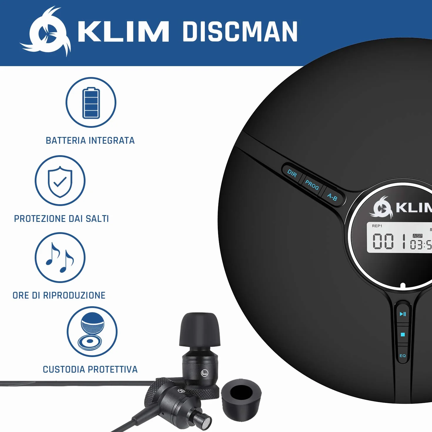 KLIM Discman – Lettore CD portatile con batteria interna ricaricabile + Auricolari KLIM Fusion – compatto, personale, compatibile con CDR, CDRW ed MP3, CD Walkman - NUOVO - Nero