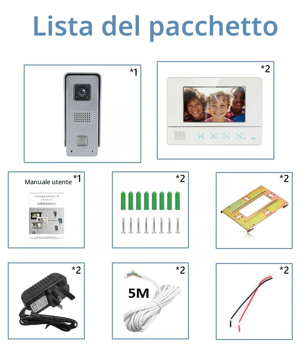 Videocitofono Cablato Monitor a Colori da 7", Citofono Smart con Videocamera Campanello Cablato Visione Notturna IR Domestico Citofono