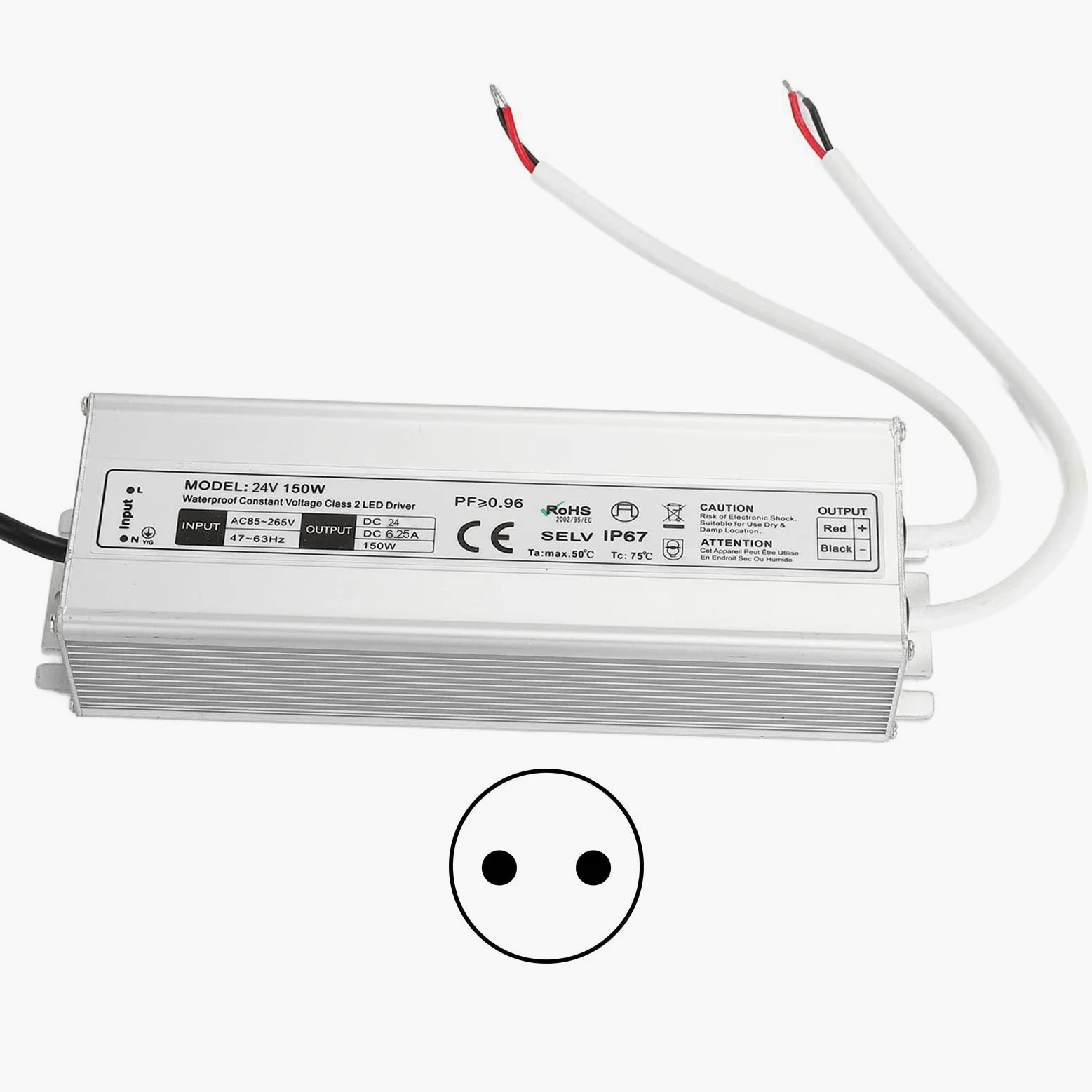 Driver LED 150W 12V/24V Impermeabile IP67 Trasformatore LED Alimentatore LED da 85~265V AC a 12V/24V DC Uscita a bassa tensione per luce LED, Computer Project, Industrial, Luce esterna(Spine UE-24V)