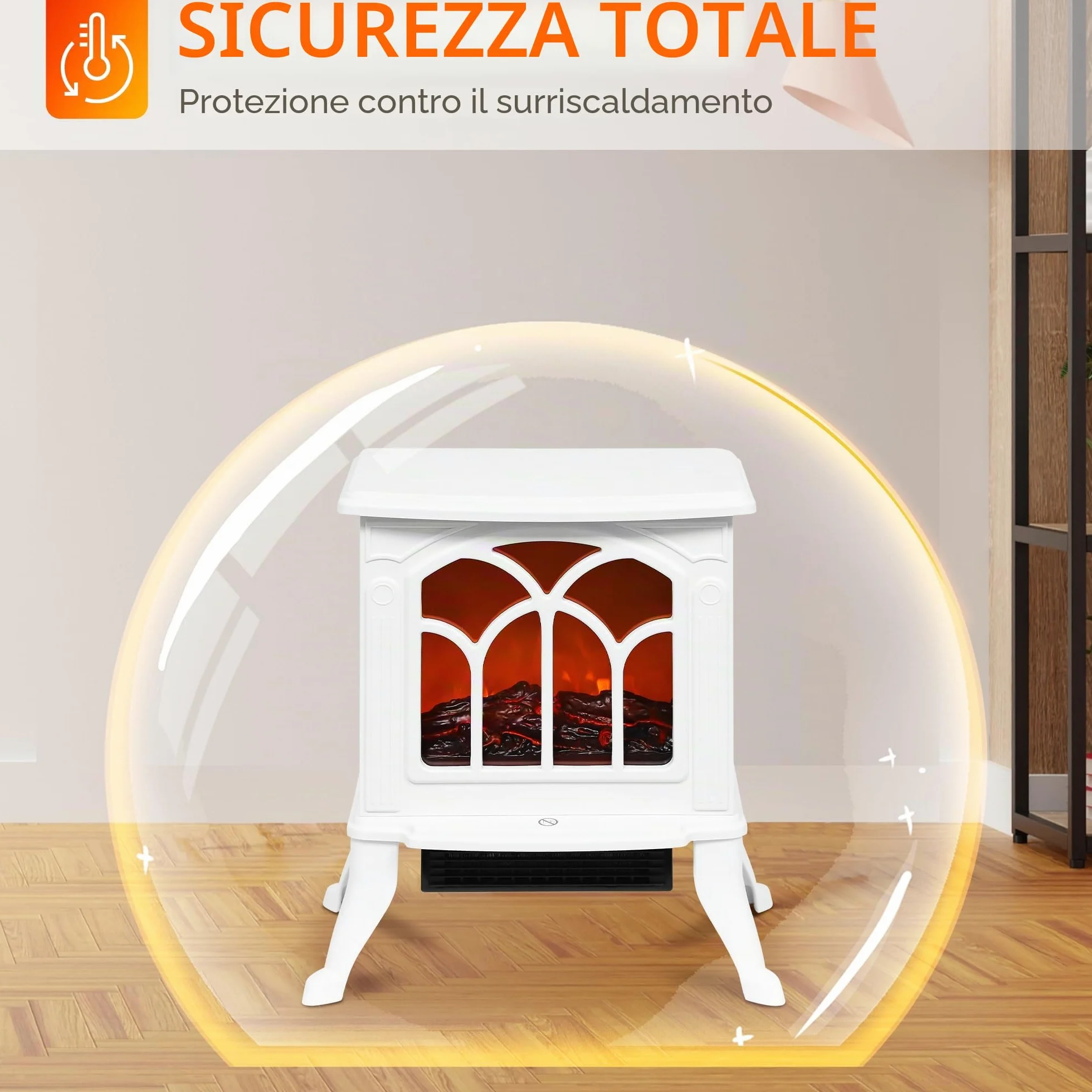 HOMCOM Camino elettrico su piedistallo 750/1500 W, falso camino decorativo con effetto fiamma LED, protezione contro il surriscaldamento, area di copertura 15-20 m², bianco