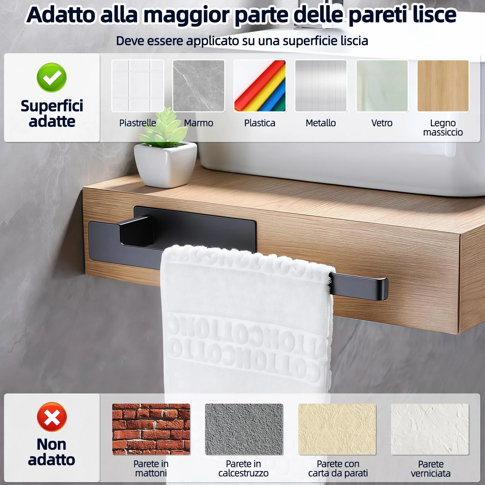 Portasciugamani da Parete 33 cm Acciaio Inox 304 Nero Opaco Adesivo Senza Fori Impermeabile per Bagno e Cucina
