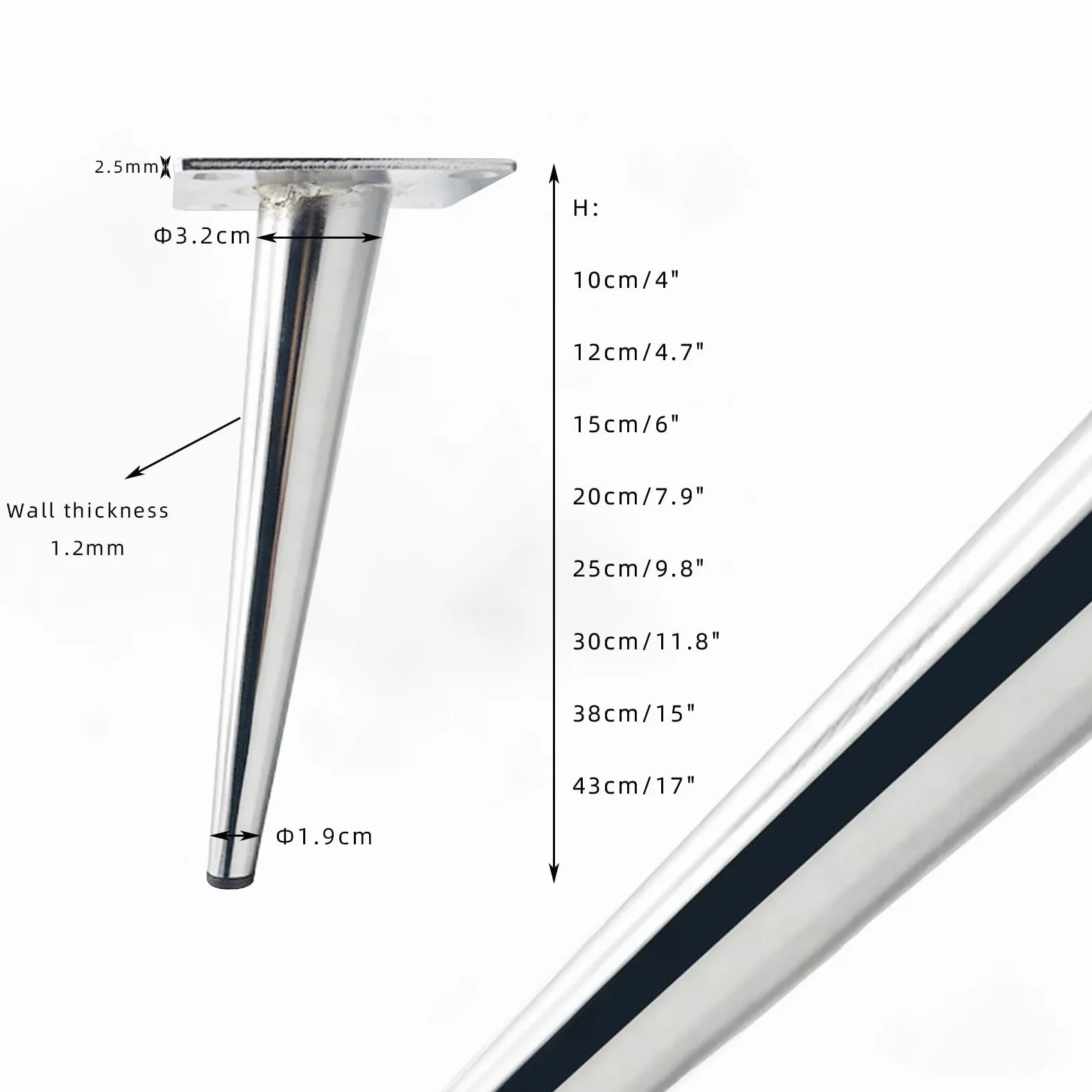 Generico Gambe per Mobili Piedini Conici Cromati 4 Pezzi di Supporto per Tavolo Cromati Superficie in Ferro Galvanizzato Piedini per Divano Altezza: 10-43 cm Piedini per Mobile 43 cm/17