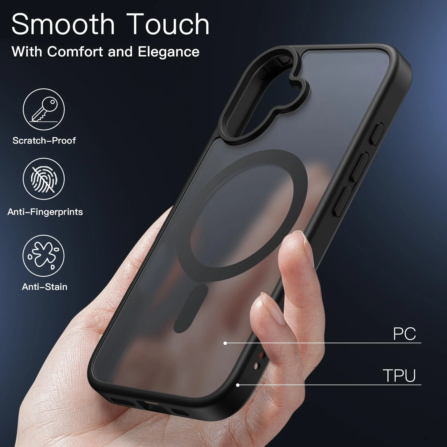 JETech Cover Magnetica per iPhone 16 6,1 Pollici Compatibile con MagSafe, Traslucido Opaco Retro Sottile Antiurto Cellulare Custodia (Nero)