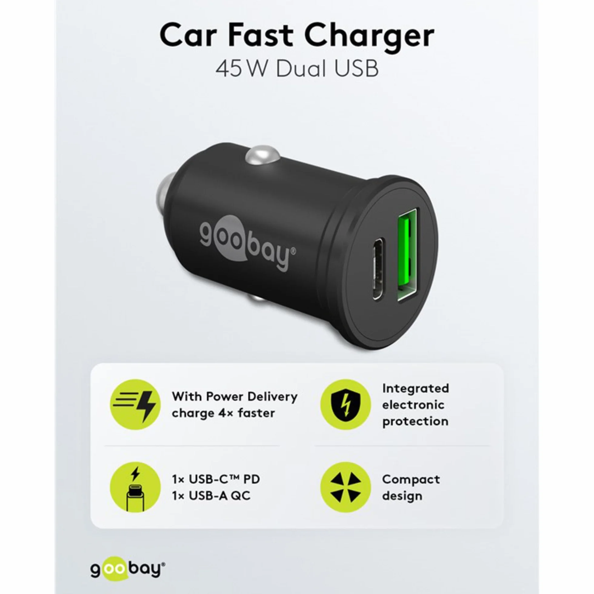 Goobay 61739 - Caricabatteria da auto Dual USB, ricarica rapida, USB 3.0 e USB-C/adattatore accendisigari per auto con erogazione di potenza 45 W a 12-24 V
