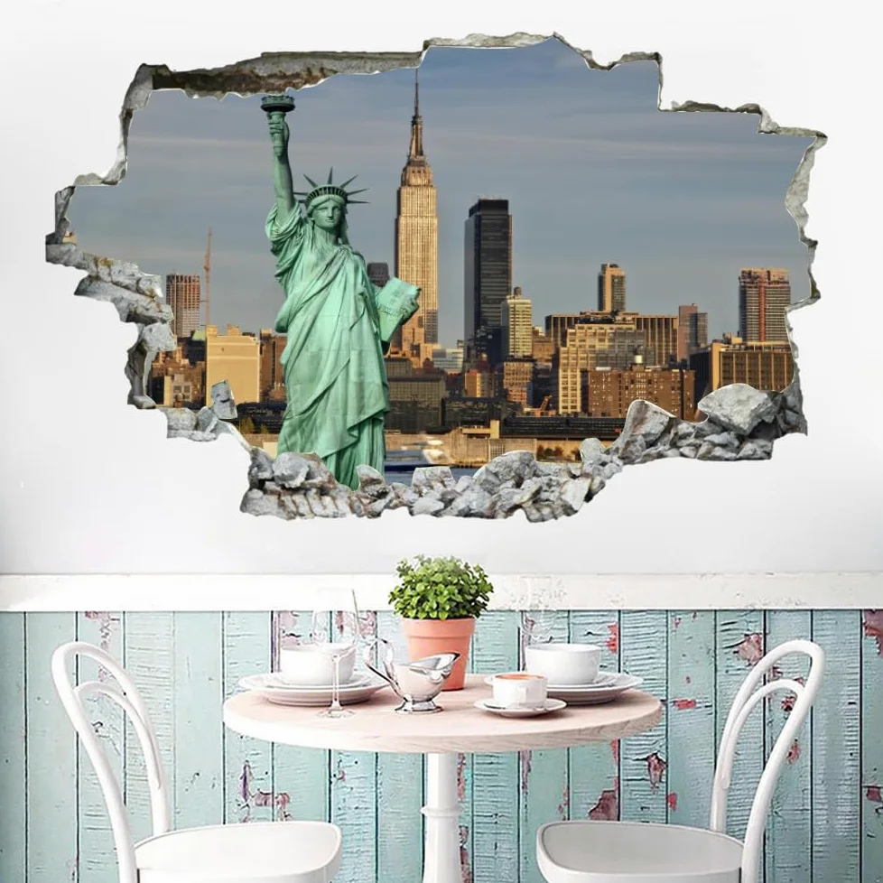 Decorazione da parete Adesivi 3D fracassati Statua Rimovibile Art Wall Tattoo City Building Family Stickers murali per la casa Nursery Girls Bambini Soggiorno Camera da letto Decorazione