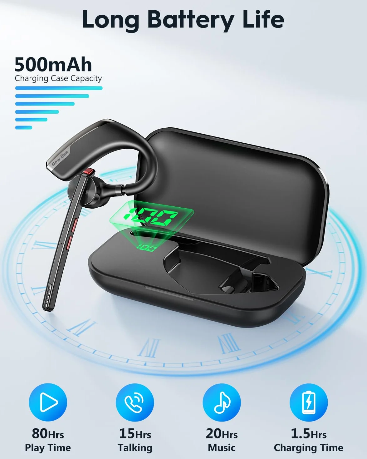 New Bee Auricolare Bluetooth Singolo V5.2 Auricolare Bluetooth con CVC8.0 e ENC Doppio Microfono con Custodia di LED Ricarica per Ufficio, Lavoro, Guida