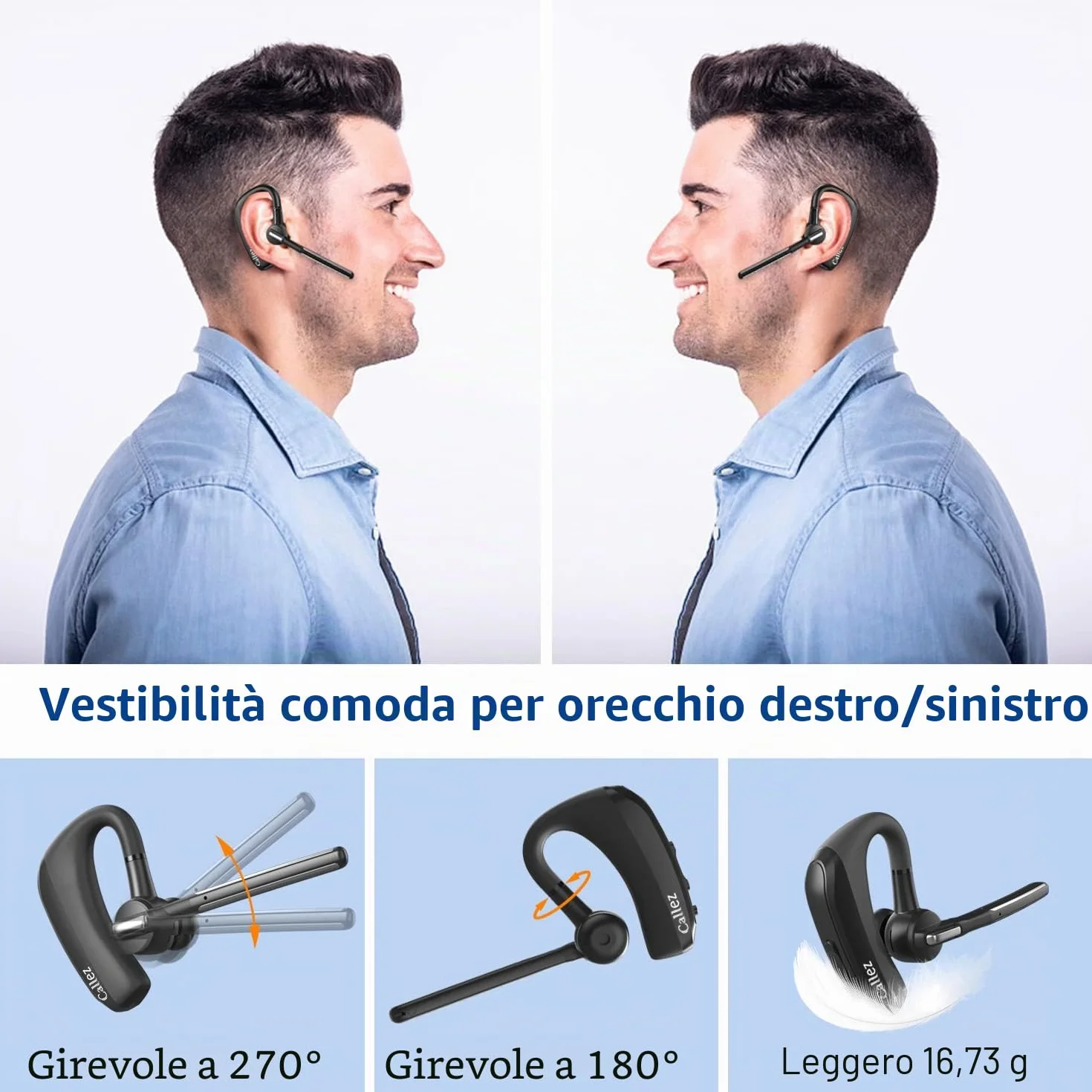 Auricolare Bluetooth con Doppio Microfono CVC8.0 Cancellazione del Rumore, Auricolari Bluetooth Singolo V5.0 Cuffie Wireless Compatibile con iPhone Samsung Cellulare Guida Lavoro Ufficio Super Leggero